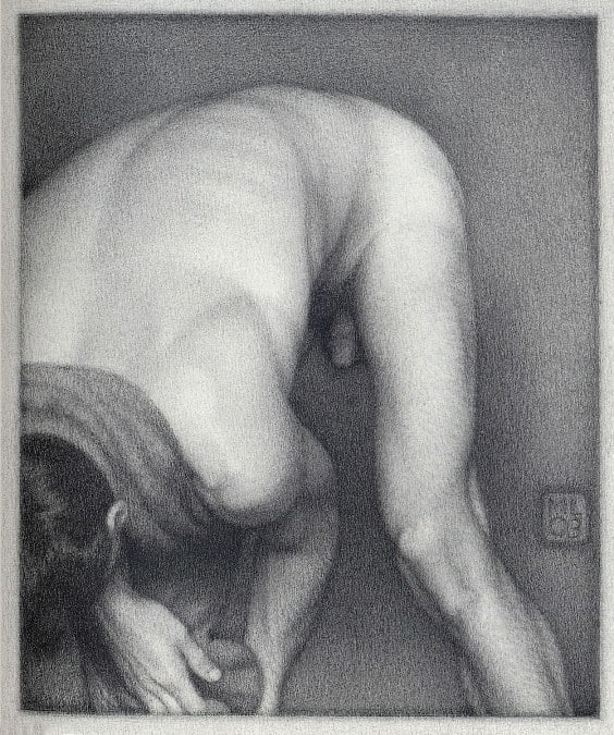 Michael Leonard, Bather Stooping Low (SOLD), 2003, graphite pencil on paper, 8 x 6 5/8 inches