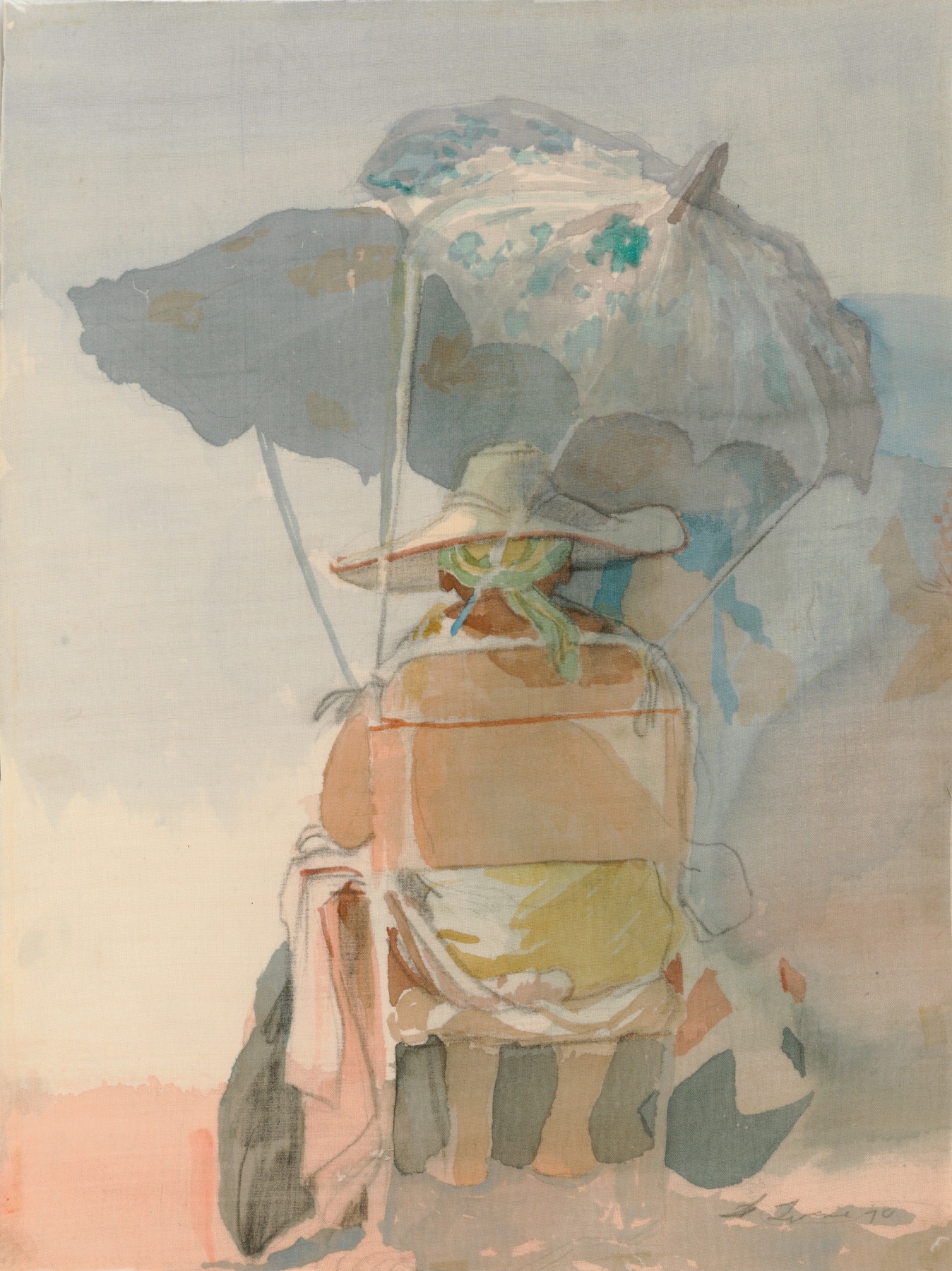 David Levine, Untitled (Beach Umbrella) [SOLD], 1984, watercolor on silk, 12 x 9 inches