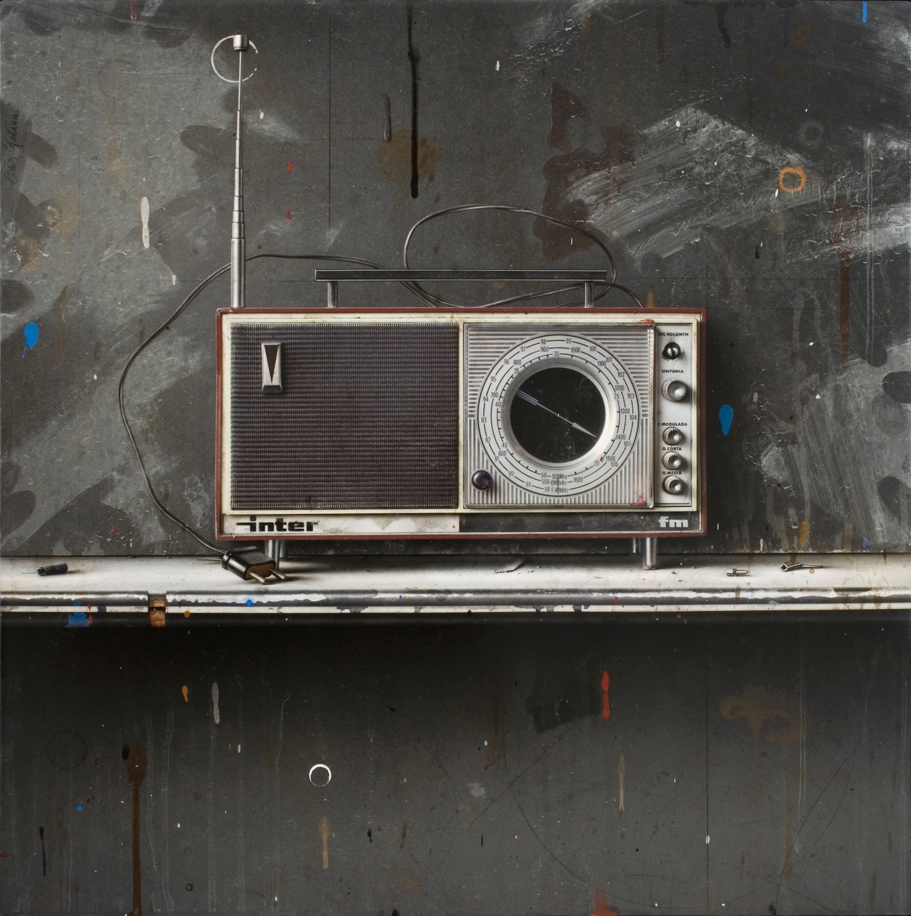cesar galicia, Bodeg&oacute;n con Radio Inter (Still Life with Radio Inter), 2014, mixed media on plaster and wood, 22 5/8 x 22 3/4 inches