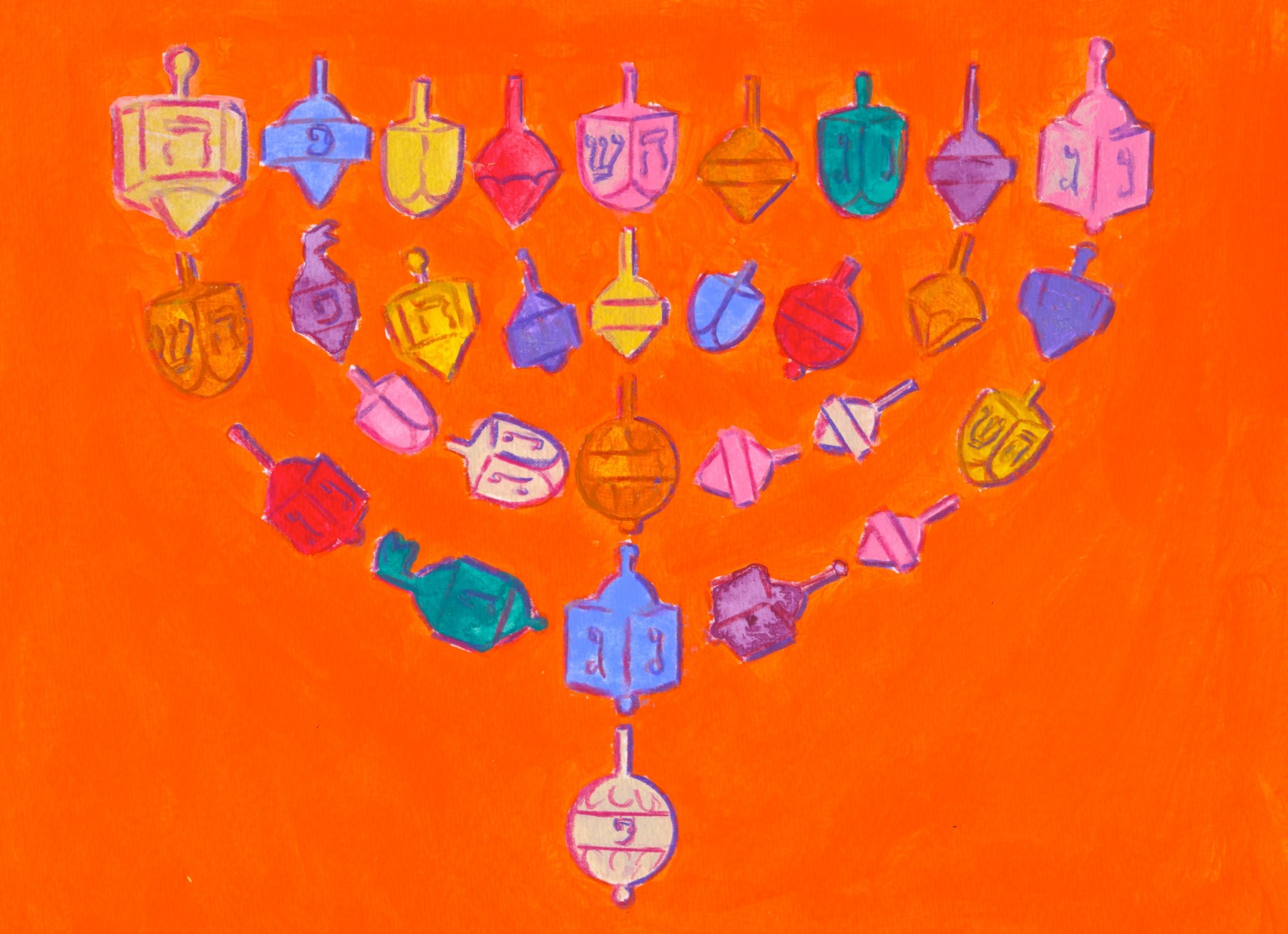 Mark Podwal, Dreidel Menorah, 2013, acrylic and colored pencil on paper, 9 x 12 inches