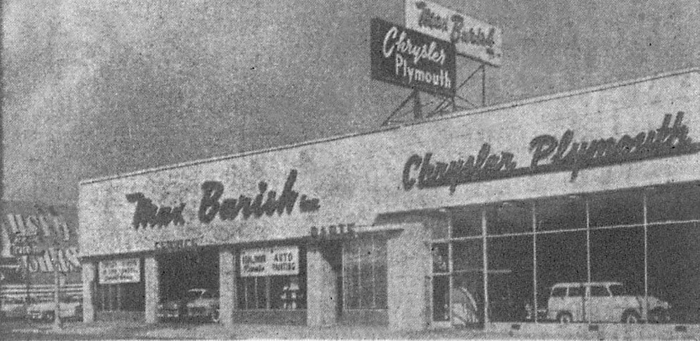 Max Barish Black and White Dealership image circa 1953