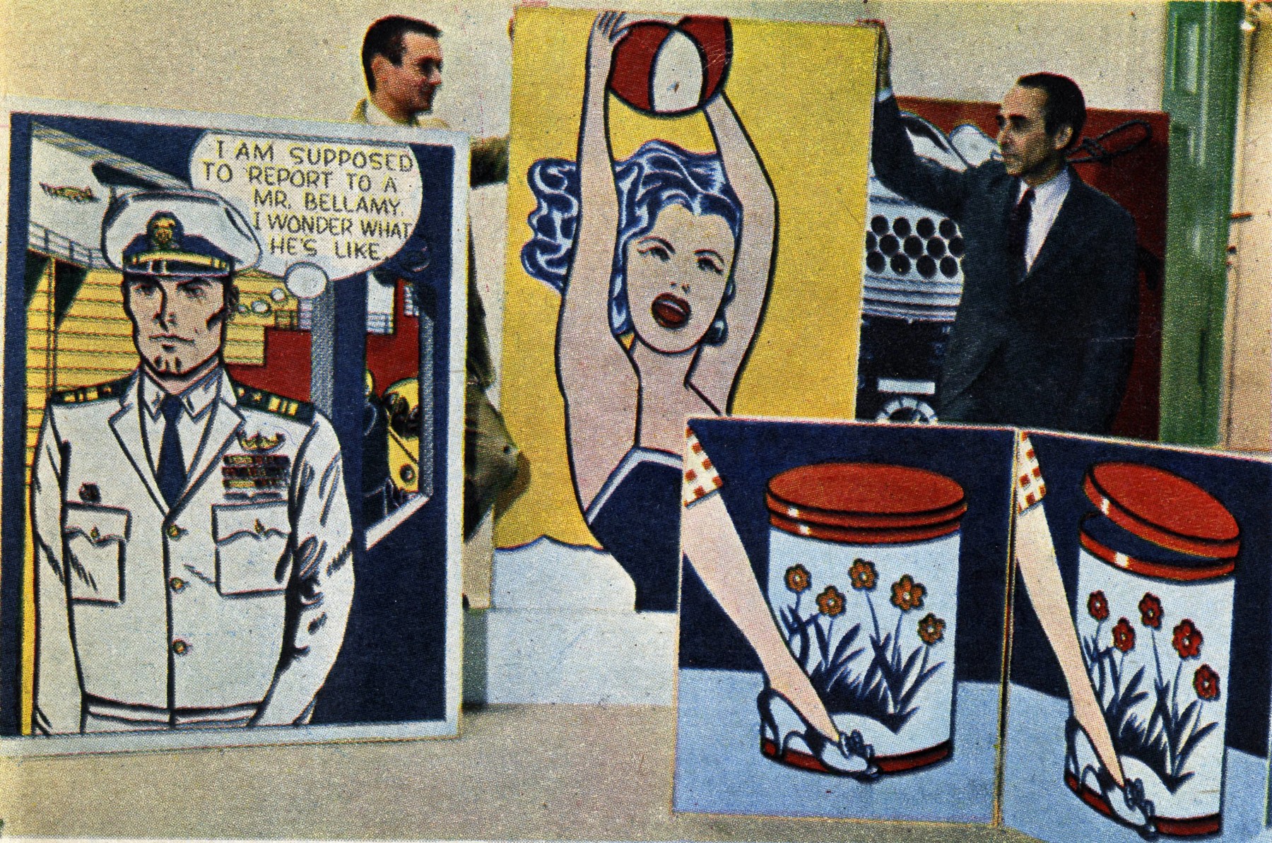 Roy Lichtenstein and Leo Castelli in 1961. Mr. Bellamy, 1961, Girl with Ball, 1961, Step-on Can with Leg, 1961, and Roto Broil, 1961 at the Castelli Gallery in New York, featured in the St. Louis Post-Dispatch: Sunday Pictures. Artwork &amp;copy; Estate of Roy Lichtenstein.