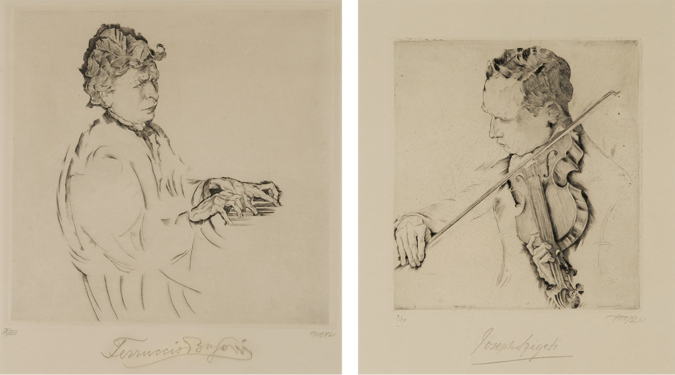(left to right): Max Oppenheimer (MOPP) (1885&amp;ndash;1954) |&amp;nbsp;Portrait of Ferruccio Busoni, 1916&amp;nbsp;| Etching on paper | Sheet: 12 1/2 x 11 in. (31.8 x 28 cm) | Image: 10 1/2 x 10 1/2 in. (26.7 x 26.7 cm) &amp;nbsp;//&amp;nbsp;Portrait of Joseph Szigeti, 1919&amp;nbsp;| Etching on paper | Sheet: 9 3/10 x 7 1/2 in. (23.6 x 19 cm) |&amp;nbsp;Image: 7 x 6 in. (17.8 x 15.2 cm)