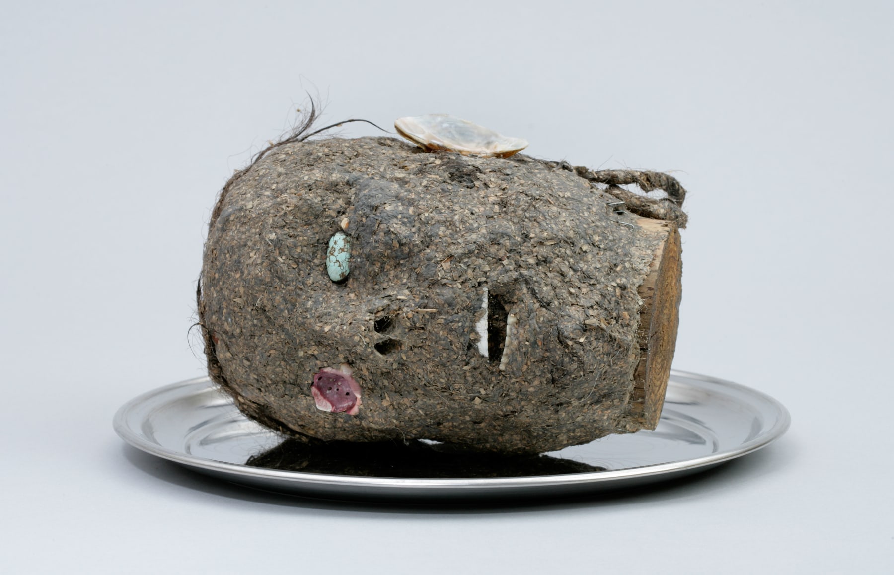 head, 2006 wood, paper mache, hair, seashell, turquoise and metal tray