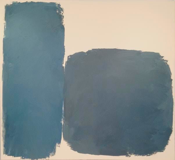 Abstract painting with two blue forms on cream ground
