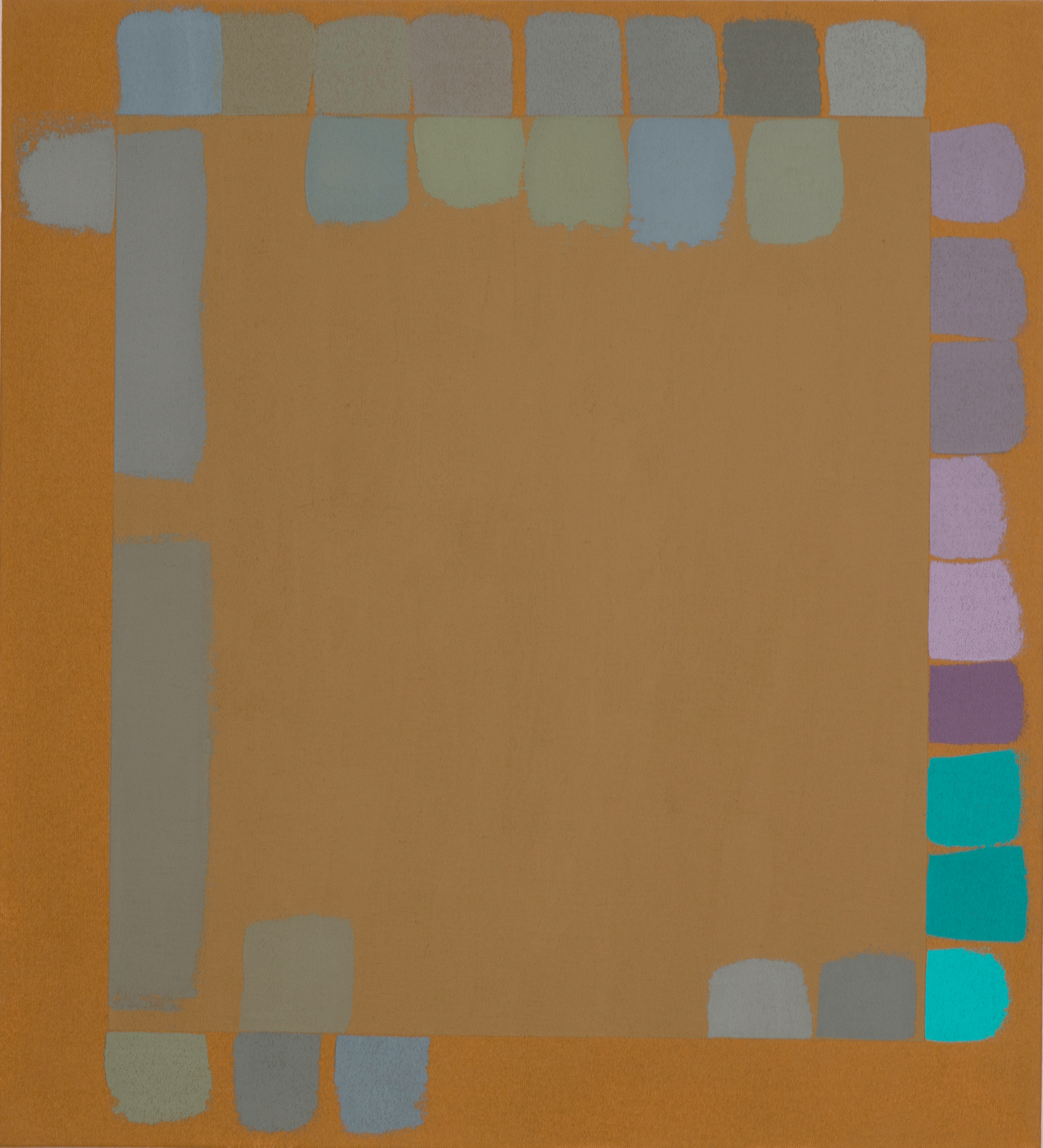 Painting by Doug Ohlson with turquoise and purple in varying hues brushed along the edge of the square canvas over a brown ground.