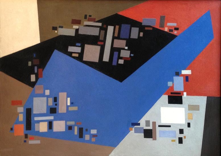 Abstract painting by Alice Trumbull Mason comprised of forms in blue, grey, red, white and black