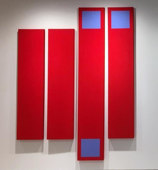 Red and blue painting comprised of four vertical canvases