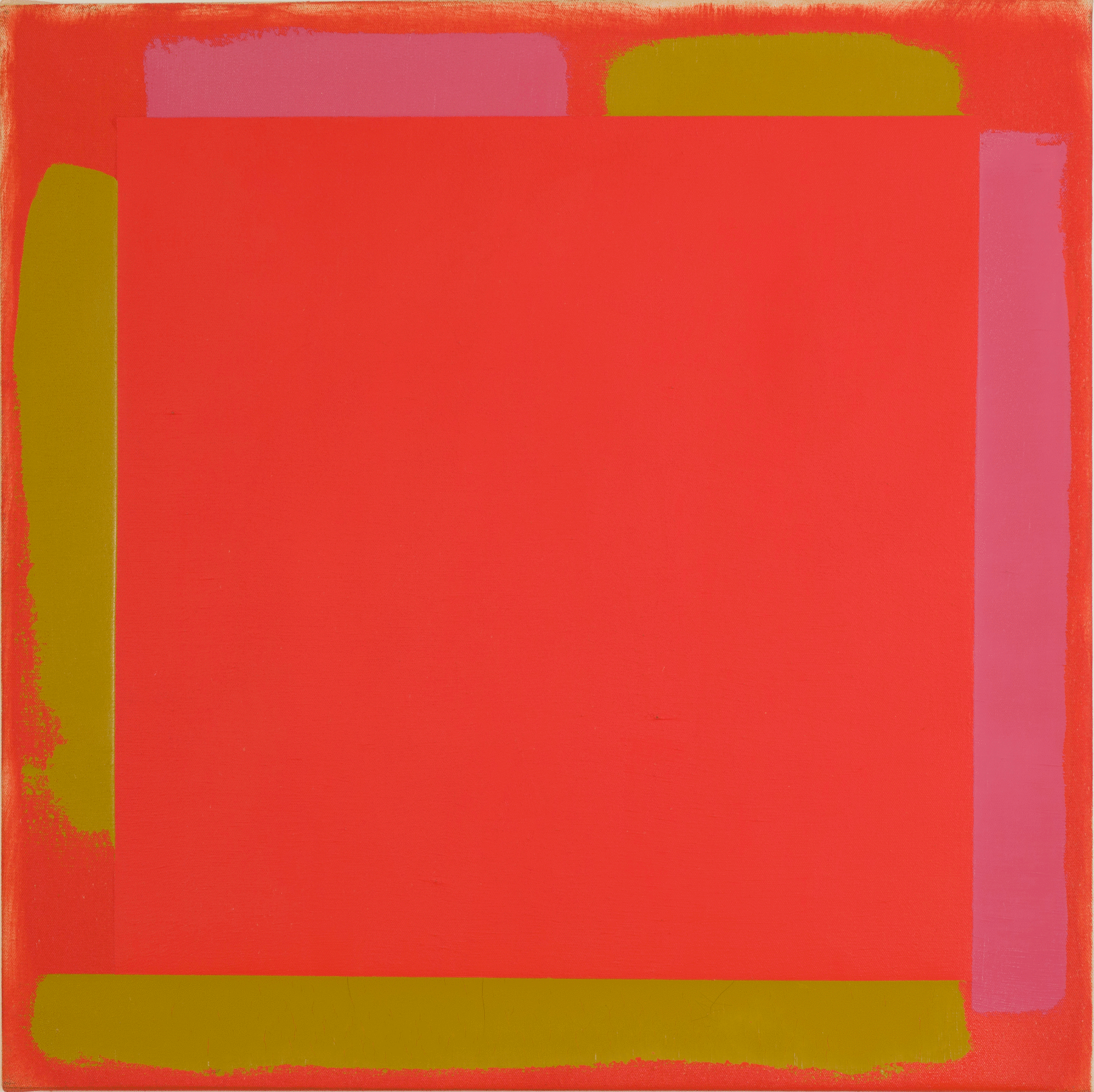 Painting by Doug Ohlson with yellow  and pink brushed lines of color along the edge of the square canvas over a red ground.
