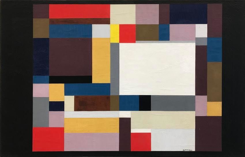 Abstract painting with red, purple, brown, yellow, white, blue, grey, and black rectangles and squares