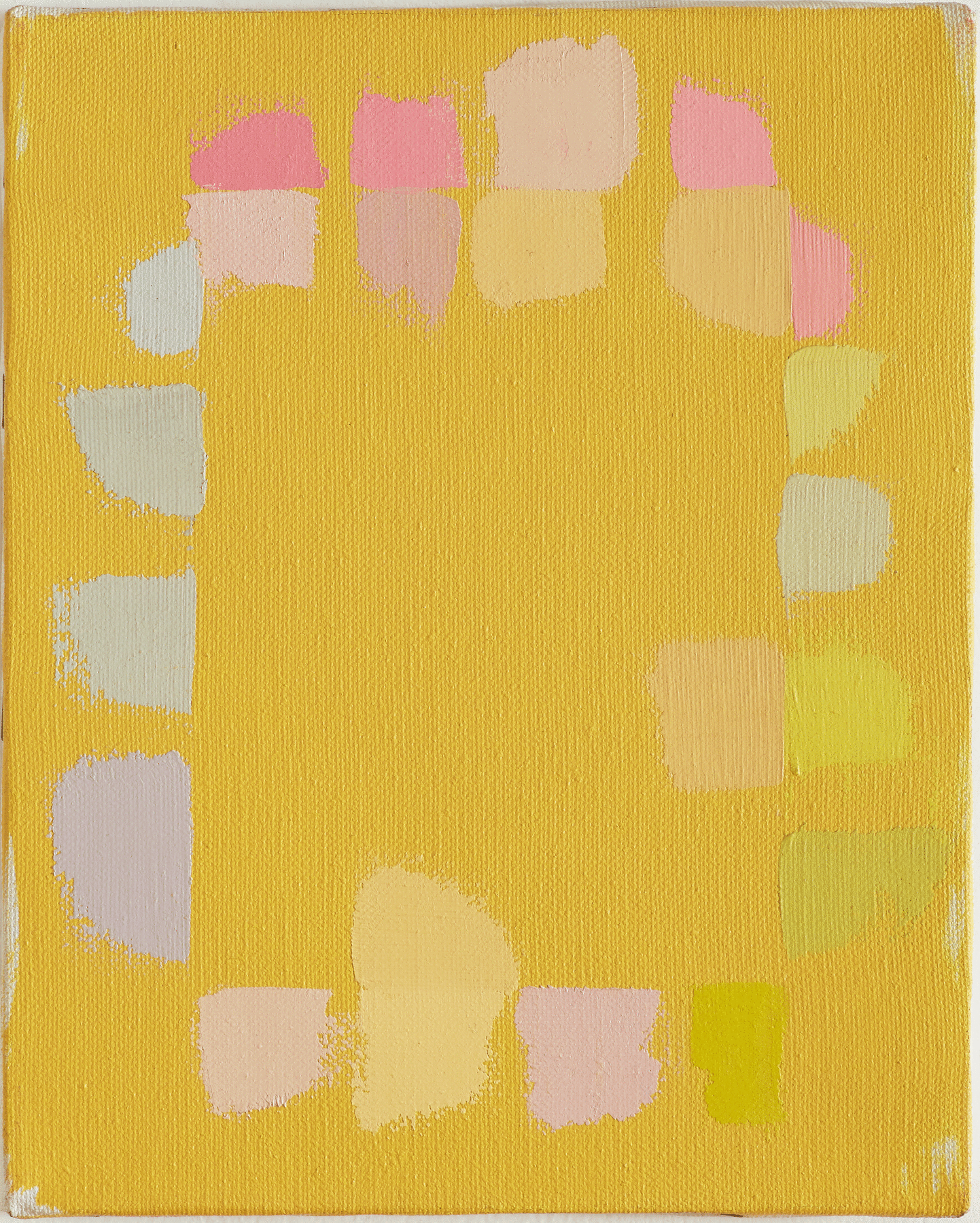 Small painting by Doug Ohlson with a golden yellow ground under pastel bursts of color around the edges of the canvas