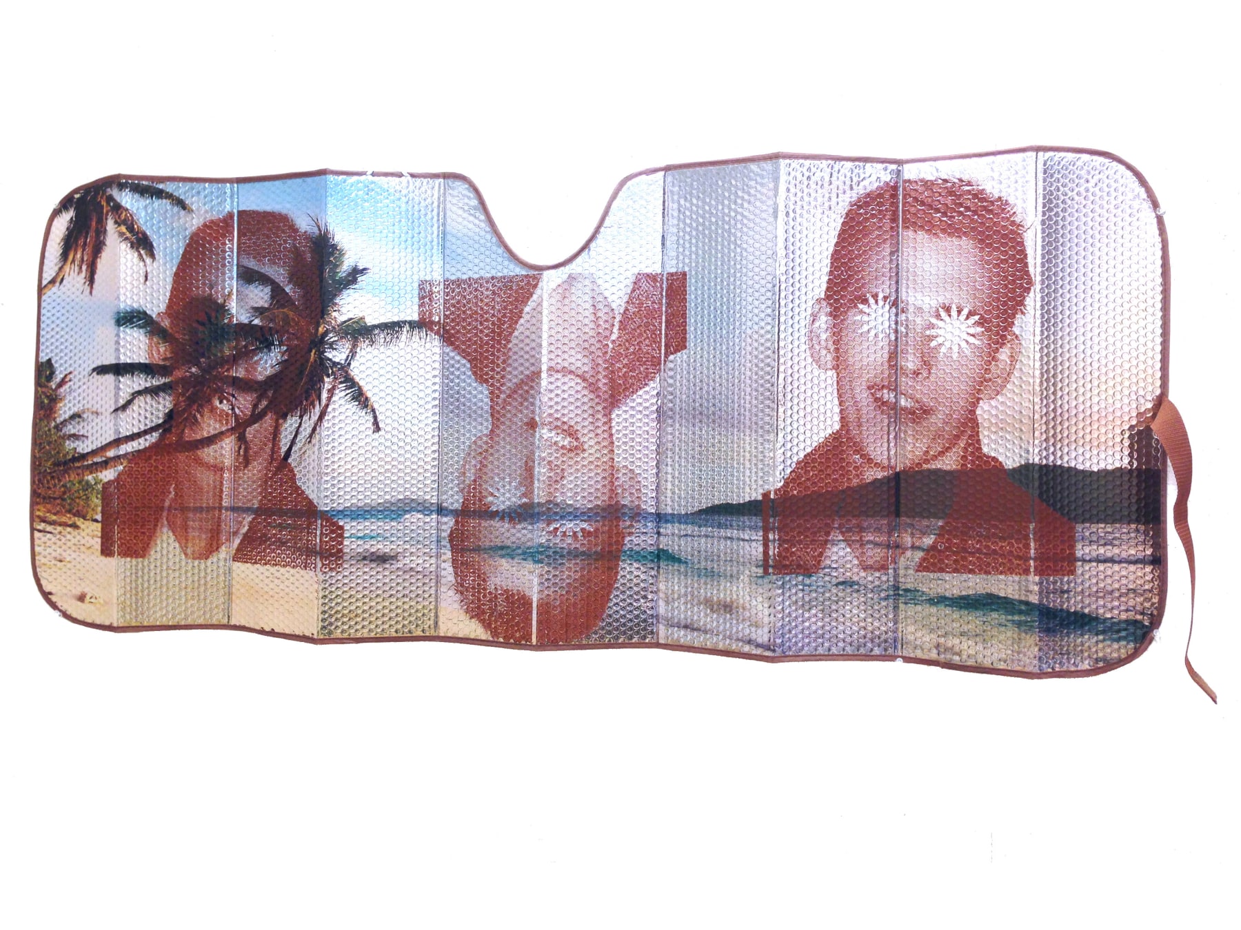 CHRIS WILLIFORD  Sunshade II (Honeymoon)  2015, screenprint and varnish on auto sunshade, 67 x 27 inches.
