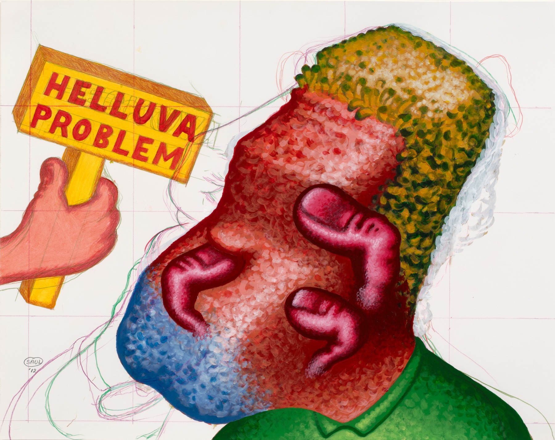 Peter Saul

&amp;quot;Helluva Problem&amp;quot;, 2012

Acrylic, colored pencil on paper

23 x 29 1/4 inches

58.5 x 74 cm

SAUZ 3/00