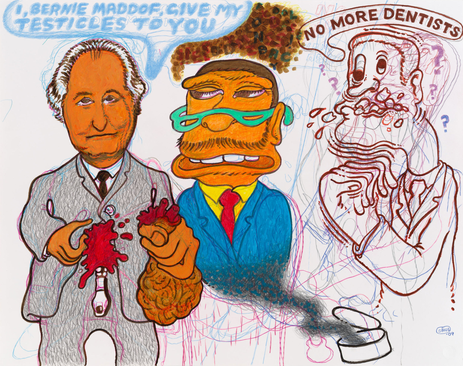 Peter Saul

&amp;quot;Maddof&amp;quot;, 2009

Acrylic, colored pencil, ink on paper

22 3/4 x 29 1/4 inches

58 x 74 cm

SAUZ 9/00