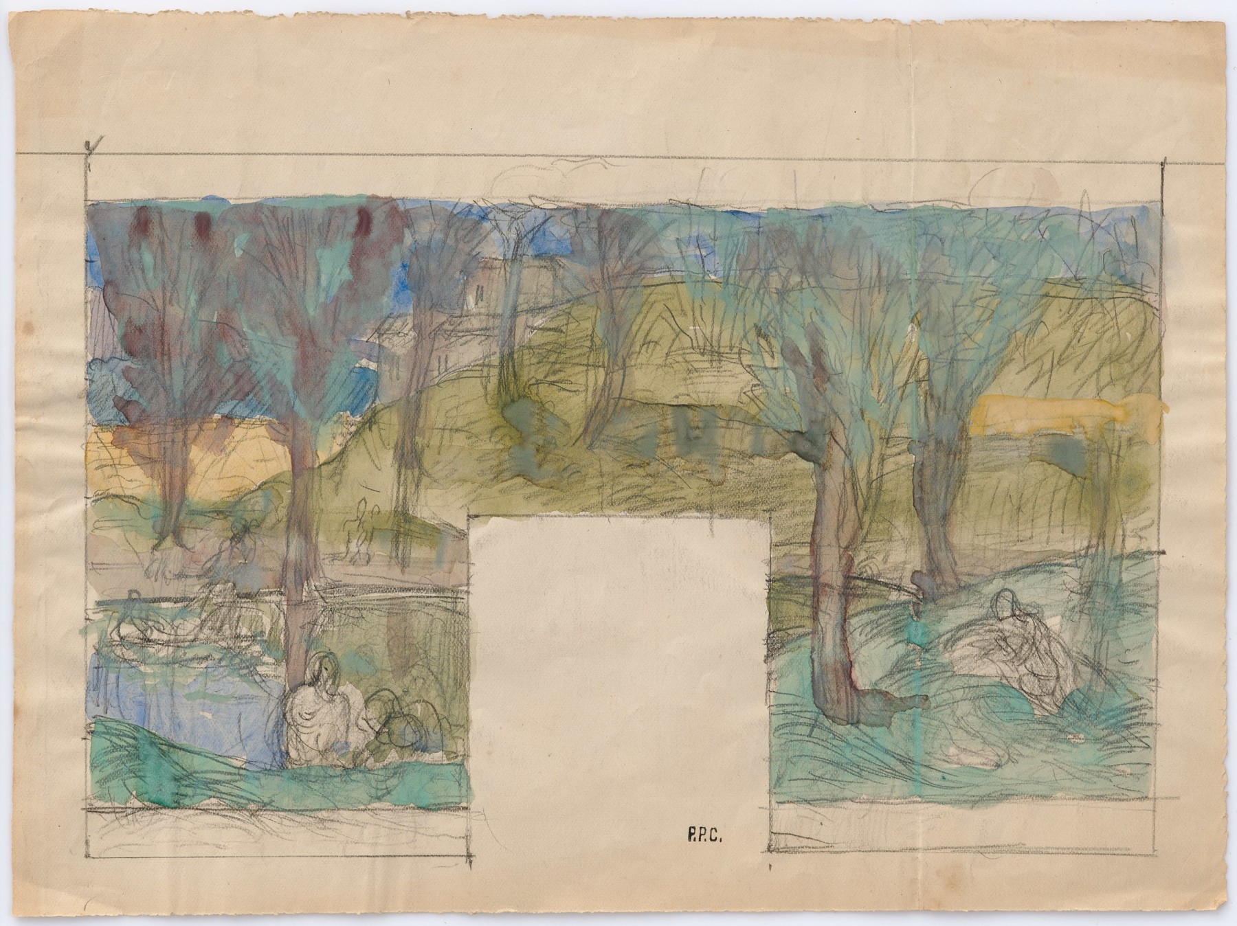 Pierre Puvis de Chavannes
&amp;ldquo;&amp;Eacute;tude pour L&amp;rsquo;&amp;Eacute;t&amp;eacute;
(Study for Summer)&amp;rdquo;, ca. 1890-1891
Watercolor, ink, pencil on paper
7 1/2 x 10 inches
19 x 25.5 cm
PCZ 37