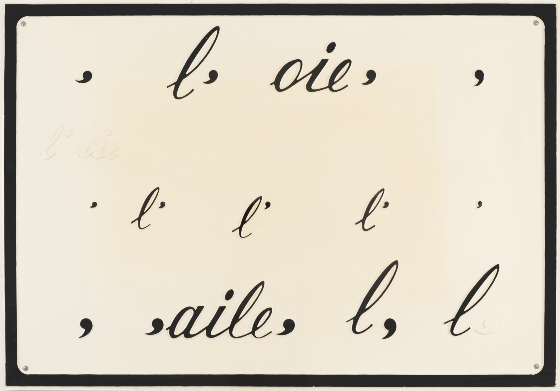 Marcel Broodthaers

&amp;ldquo;L&amp;rsquo;oile, l&amp;rsquo;aile&amp;rdquo;, 1970

Hand-painted vacuum-formed plastic

33 x 47 1/4 inches

83.5 x 120 cm

MB 9/D2