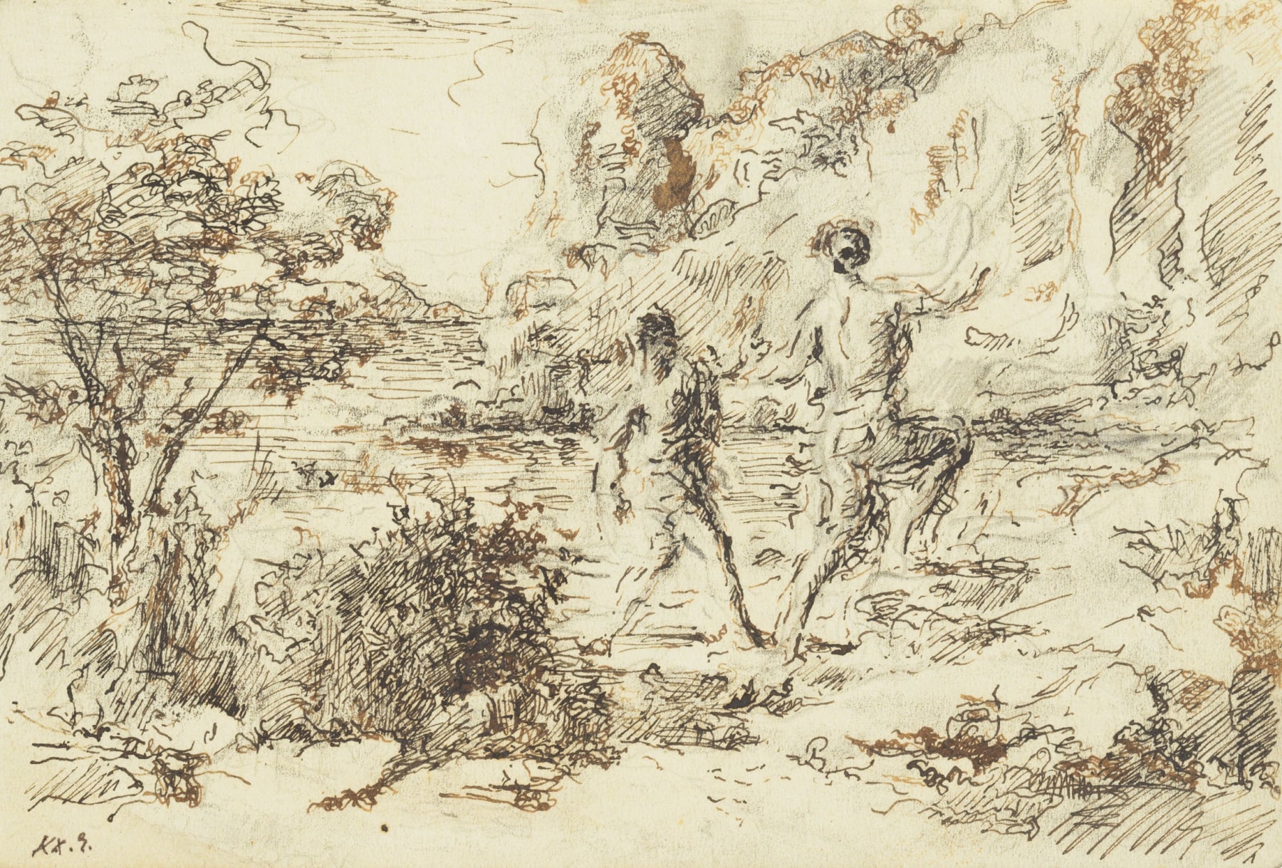 Ker-Xavier Roussel

&amp;ldquo;Deux personnages courant dans une crique&amp;rdquo;, ca. 1910

Ink, pencil on paper

4 1/4 x 6 1/4 inches

10.5 x 16 cm

DIV 219

$10,000