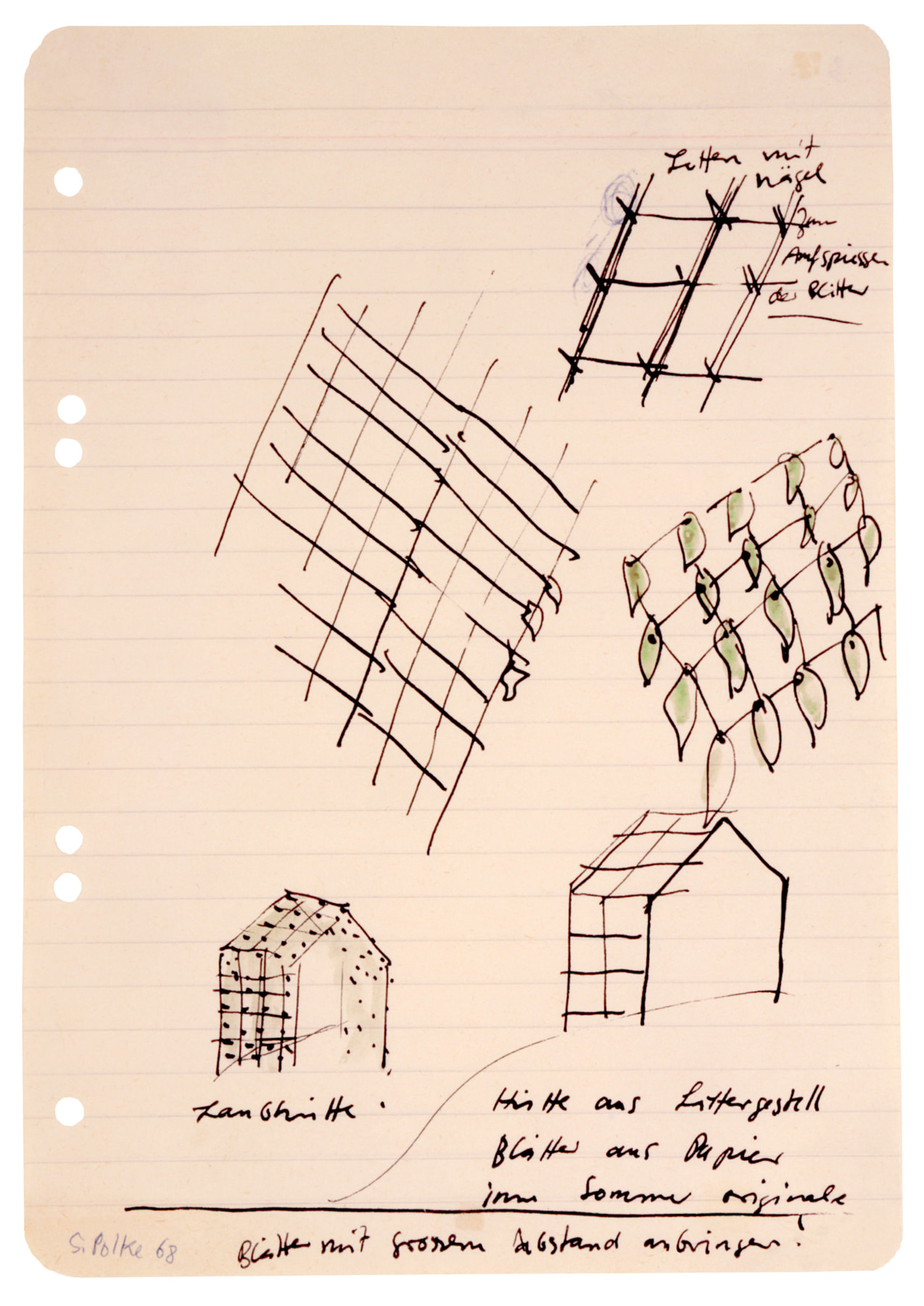 &quot;Garden Shed: Shack made out of slat frames, leaves made from paper. Use real leaves in the summertime. Affix leaves with large gaps. Slats with nails to affix the leaves.&quot;, 1968