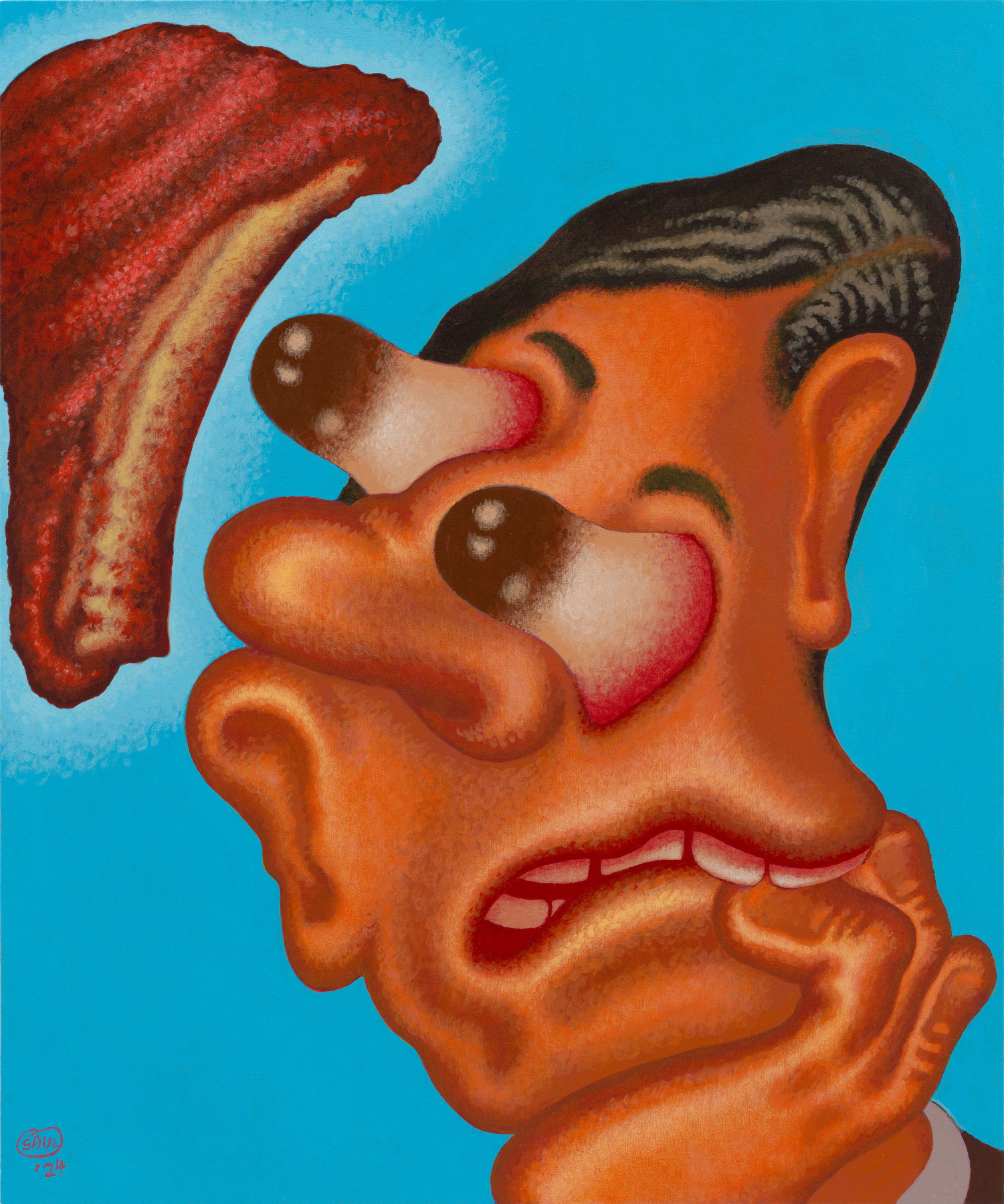 Peter Saul

&amp;ldquo;Conversation with a Steak&amp;rdquo;, 2024

Acrylic on canvas

48 x 40 inches

122 x 101.5 cm

SAU 2024/002