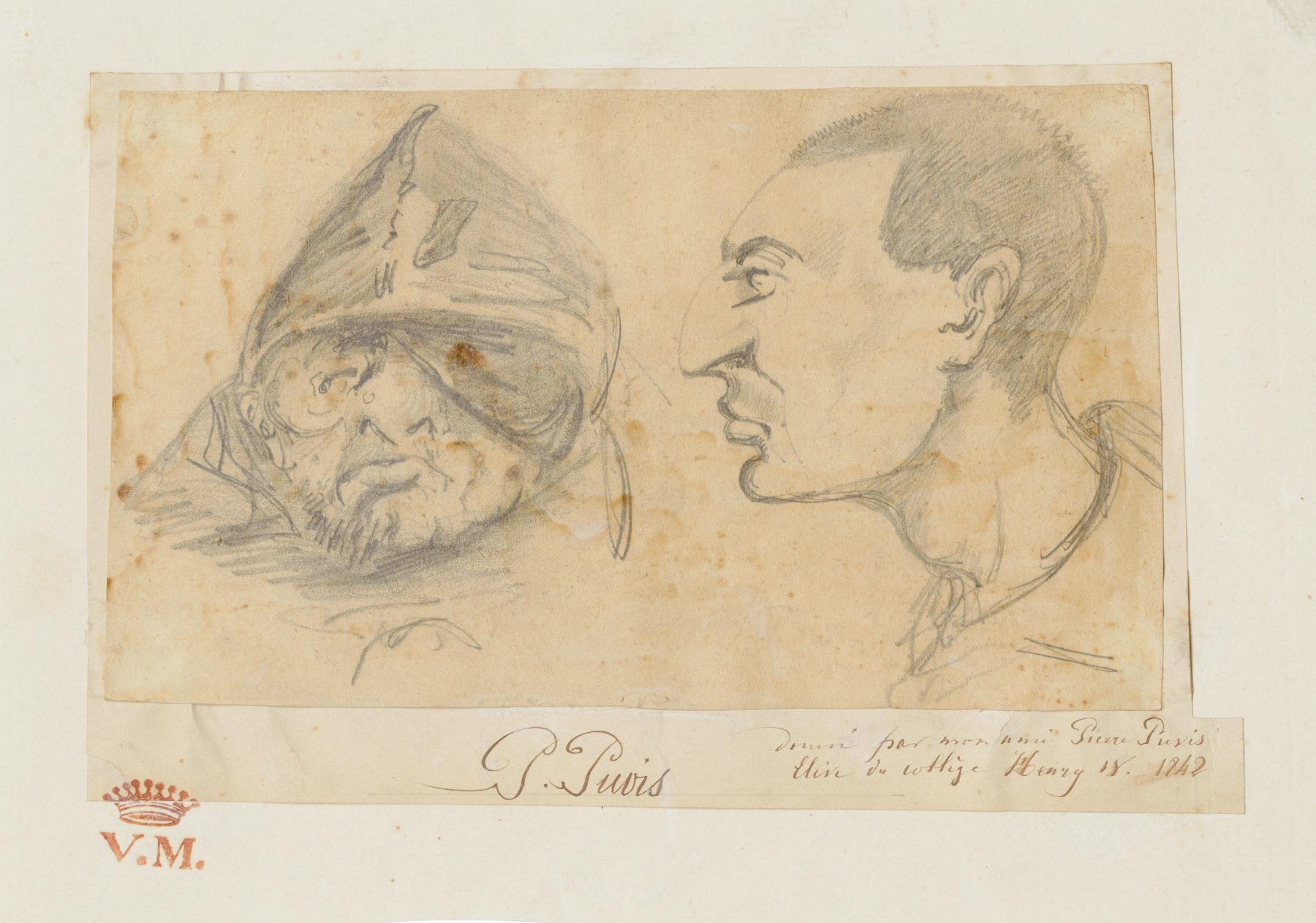 Pierre Puvis de Chavannes
&amp;ldquo;Caricatures, t&amp;ecirc;tes d&amp;rsquo;hommes
(Caricatures, Heads of Men)&amp;rdquo;, 1842
Pencil, ink on paper
5 x 8 3/4 inches
12.5 x 22 cm
PCZ 92