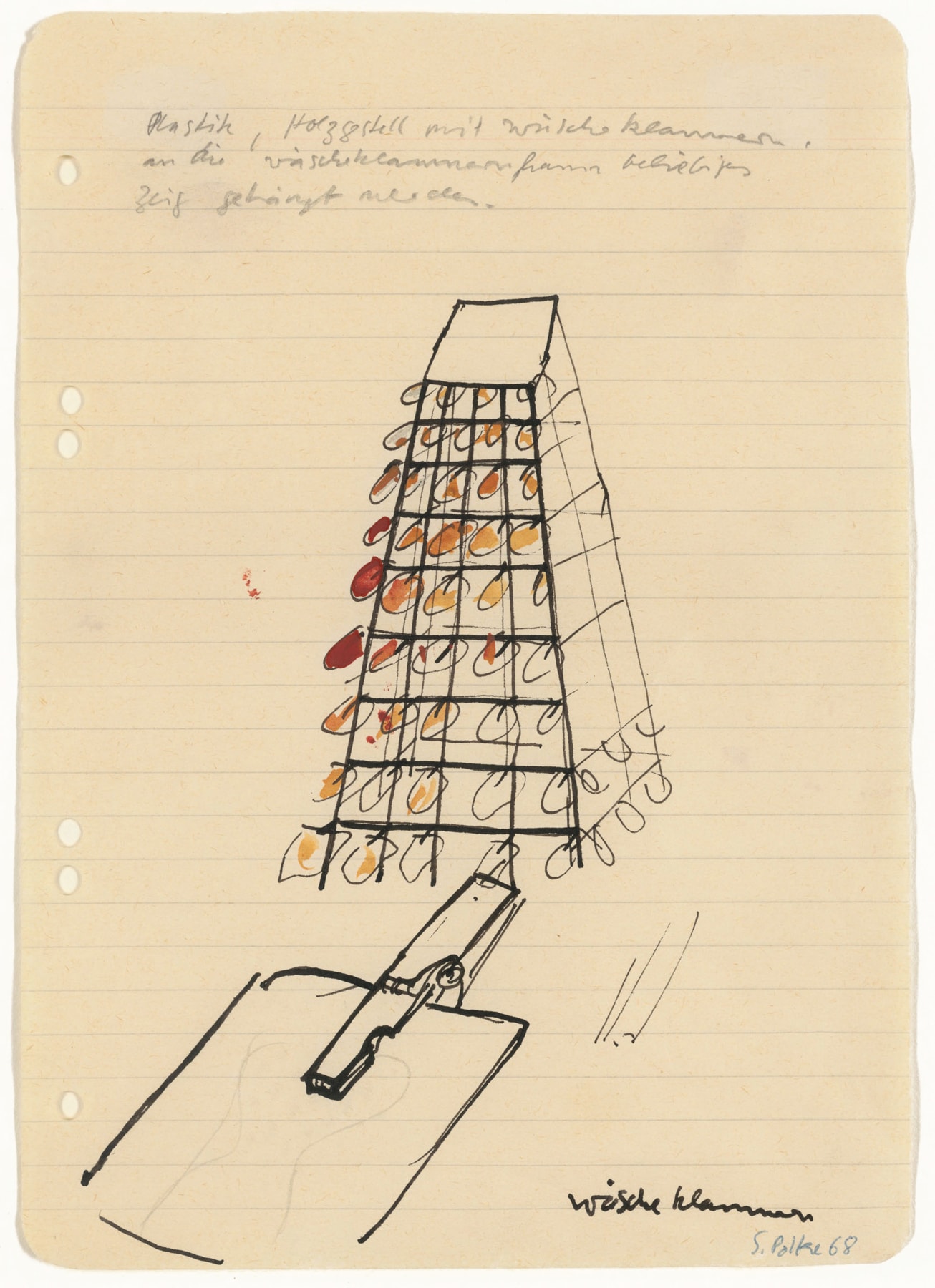 &quot;Sculpture, wooden framework with clothespins, random items can be attached to the clothespins&quot;, 1968