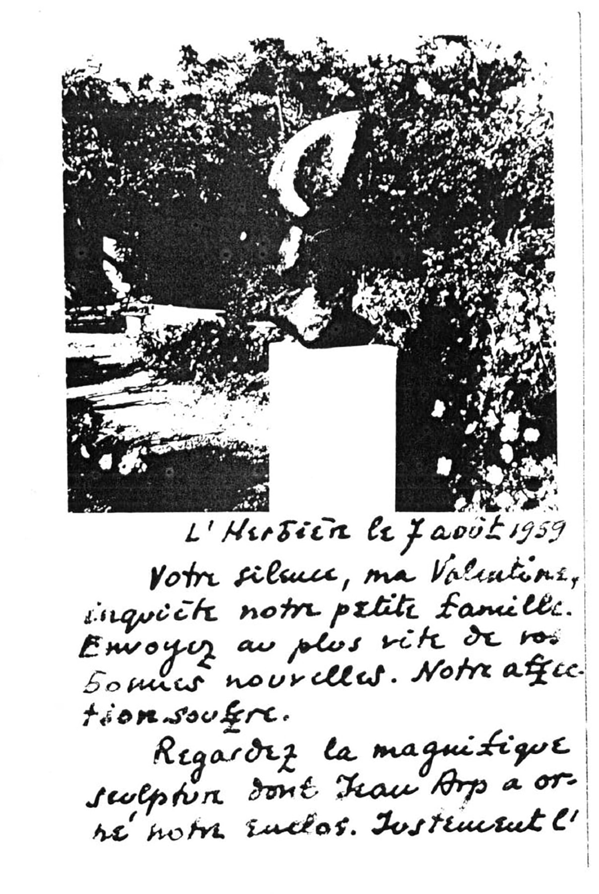 Letter to Valentine Hugo illustrating the sculpture in the writer's garden.