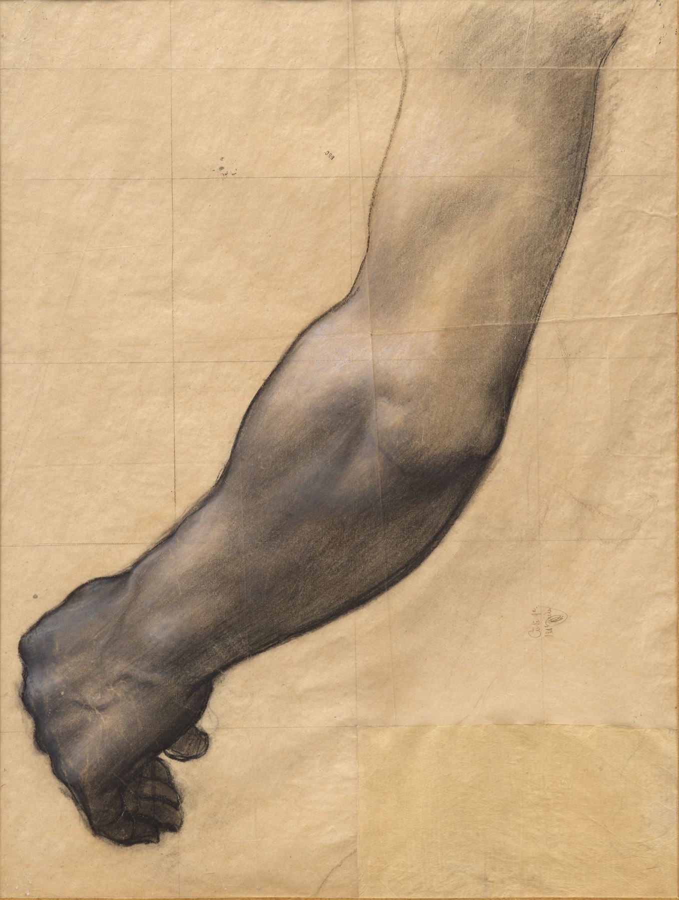 Pierre Puvis de Chavannes
&amp;ldquo;&amp;Eacute;tude d&amp;rsquo;un bras (&amp;eacute;tude pour Sainte Genevi&amp;egrave;ve, enfant, en pri&amp;egrave;re)
(Study of an Arm [Study for Saint Genevieve as a Child in Prayer])&amp;rdquo;, ca. 1877-1878
Pencil, charcoal, chalk on transfer paper
24 3/4 x 16 1/4 inches
63 x 47 cm
PCZ 83