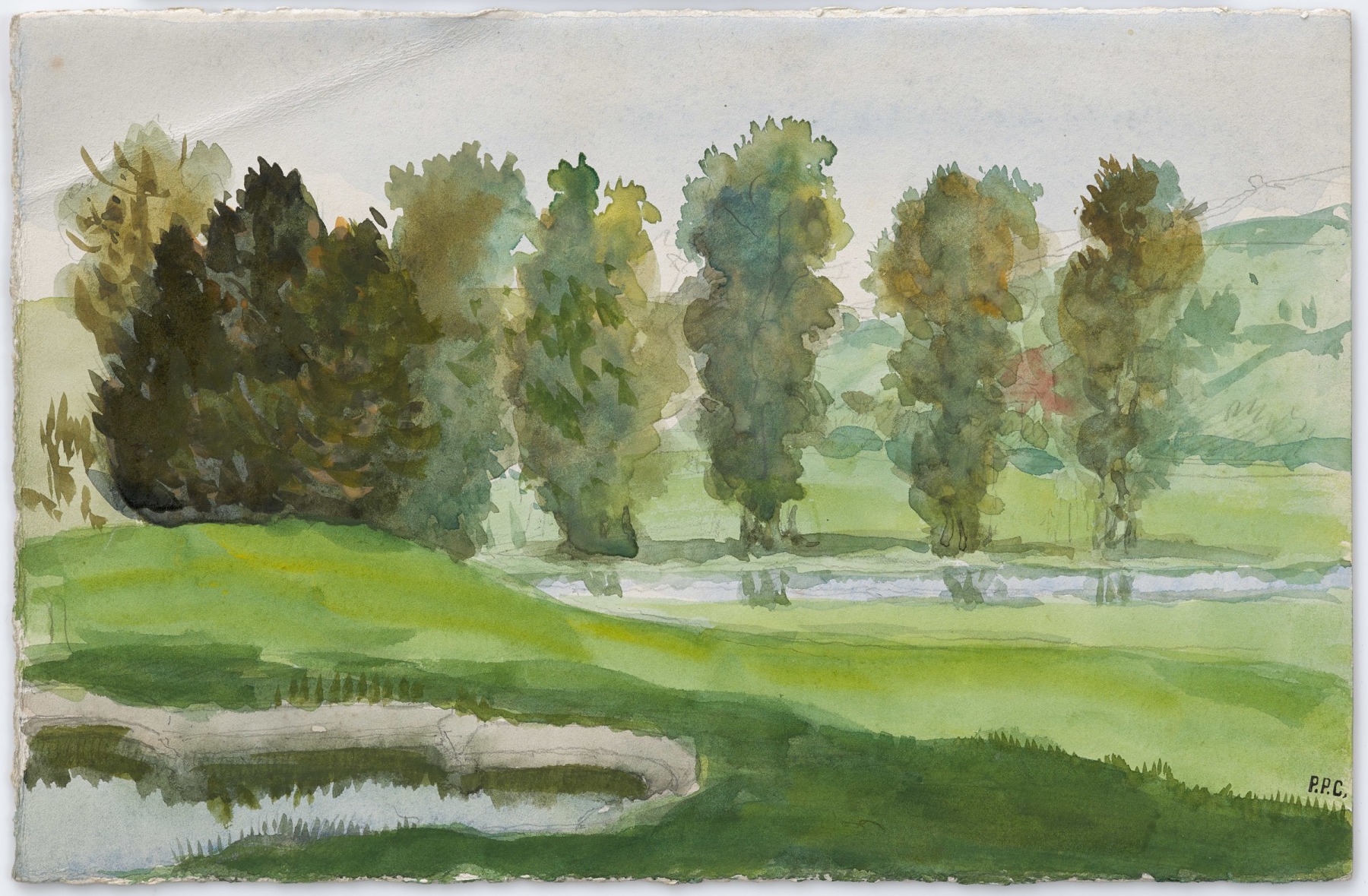 Pierre Puvis de Chavannes
&amp;ldquo;Rivi&amp;egrave;re en Bresse
(River in Bresse)&amp;rdquo;, ca. 1870&amp;ndash;1890
Watercolor, pencil on paper
6 1/2 x 10 inches
16.5 x 25 cm
PCZ 60