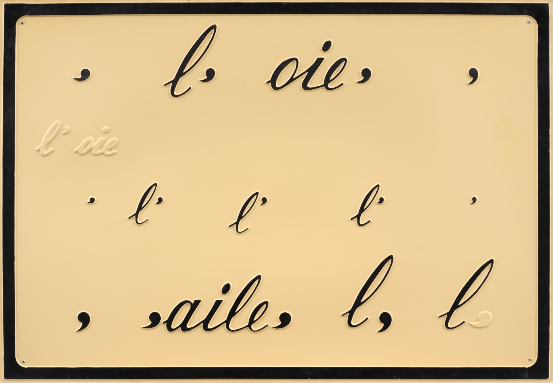 Marcel Broodthaers

&amp;ldquo;L&amp;rsquo;oile, l&amp;rsquo;aile&amp;rdquo;, 1970

Hand-painted vacuum-formed plastic

Cast 3 from an edition of 7

33 x 47 1/4 inches

83.5 x 120 cm

MB 9/D2

$190,000