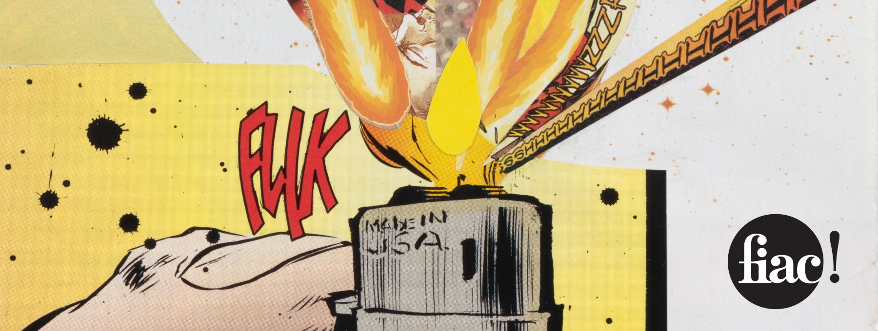 Detail of Christian Marclay's collage titled Flik, showing a thumb on a lighter with graphic text