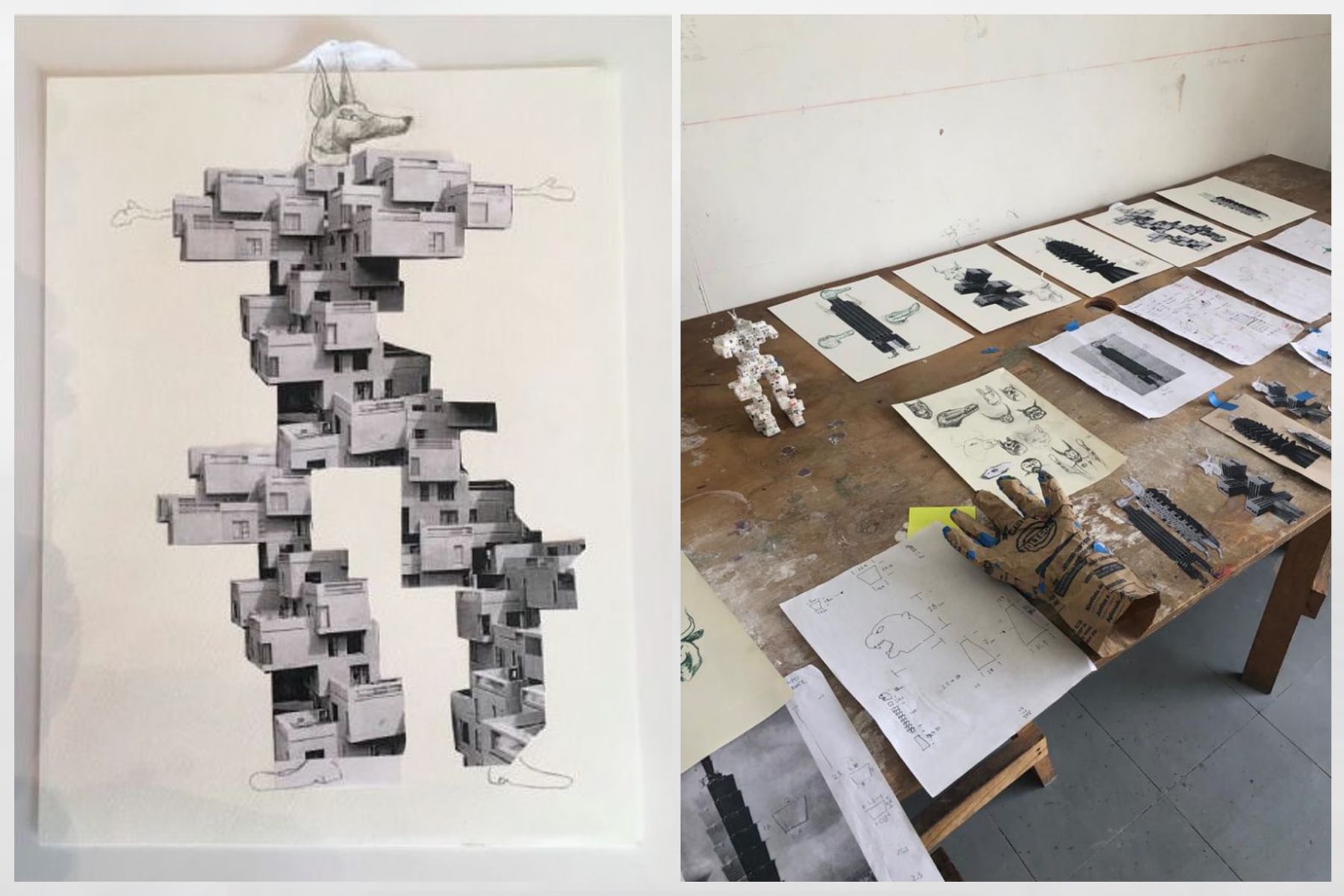 (left) Dami&amp;aacute;n Ortega (1967), Zoobuilding project sketches 9, 2019, graphite on paper, 33 x 23.8 cm. (12.99 x 9.37 in.). (right)&amp;nbsp;Dami&amp;aacute;n&amp;#39;s Mexico City studio.