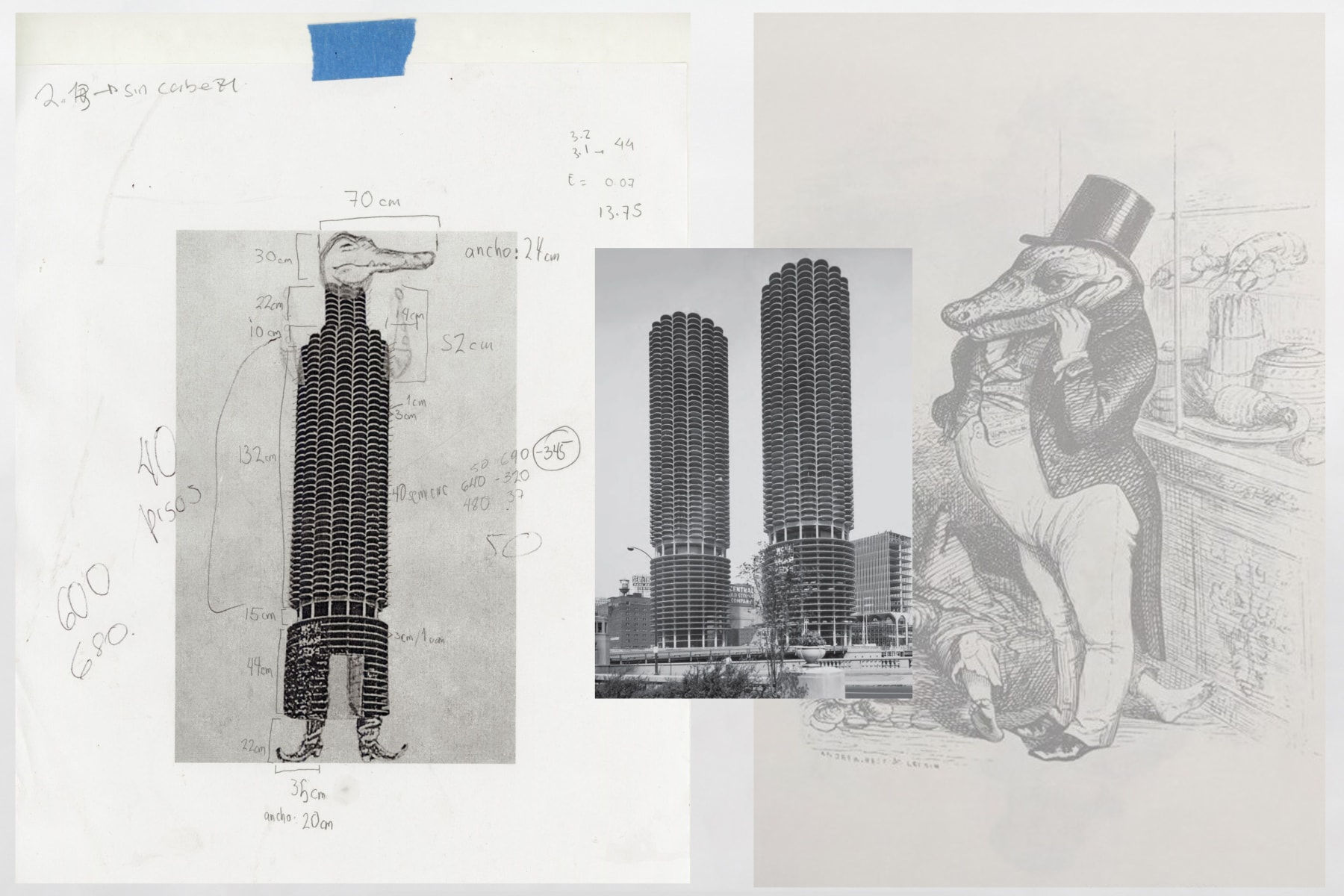 (left) Studio sketch. (center) Marina City towers, Chicago, Illinois, image courtesy of Phaidon. (right) Jean Isidore G&amp;eacute;rard, detail of 19th century drawing. Image&amp;nbsp;courtesy of&amp;nbsp;Dami&amp;aacute;n Ortega.