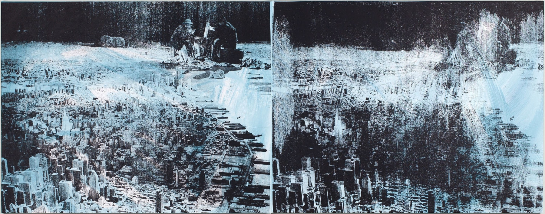THE BRUCE HIGH QUALITY FOUNDATION,&amp;nbsp;Hoovervilles,&amp;nbsp;2011, silkscreen, acrylic paint on canvas, 35 3/4 x 90 1/2 inches (diptych)