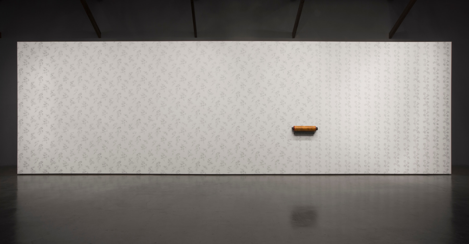 Installation view of All of a Tremble (Encounter II), 2017, modified vintage wallpaper-printing roller, steel comb, pencil drawing on wallpaper, electric motor and customised motion-control software, 350 x 1162 cm (137.8 x 457.48 in.), 14 min 23 sec, musical composition