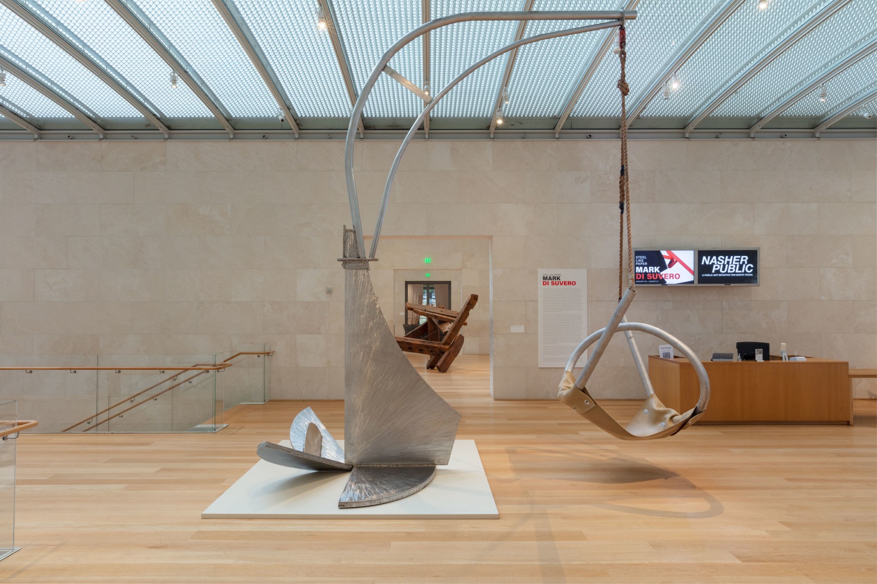 Untitled (Swing), 2008-22
Aluminum, rubber, rope, and stainless steel hardware
Installation view from&amp;nbsp;Mark di Suvero: Steel Like Paper, The Nasher Sculpture Center, Dallas, Texas, January 28, 2023 &amp;ndash; August 27, 2023