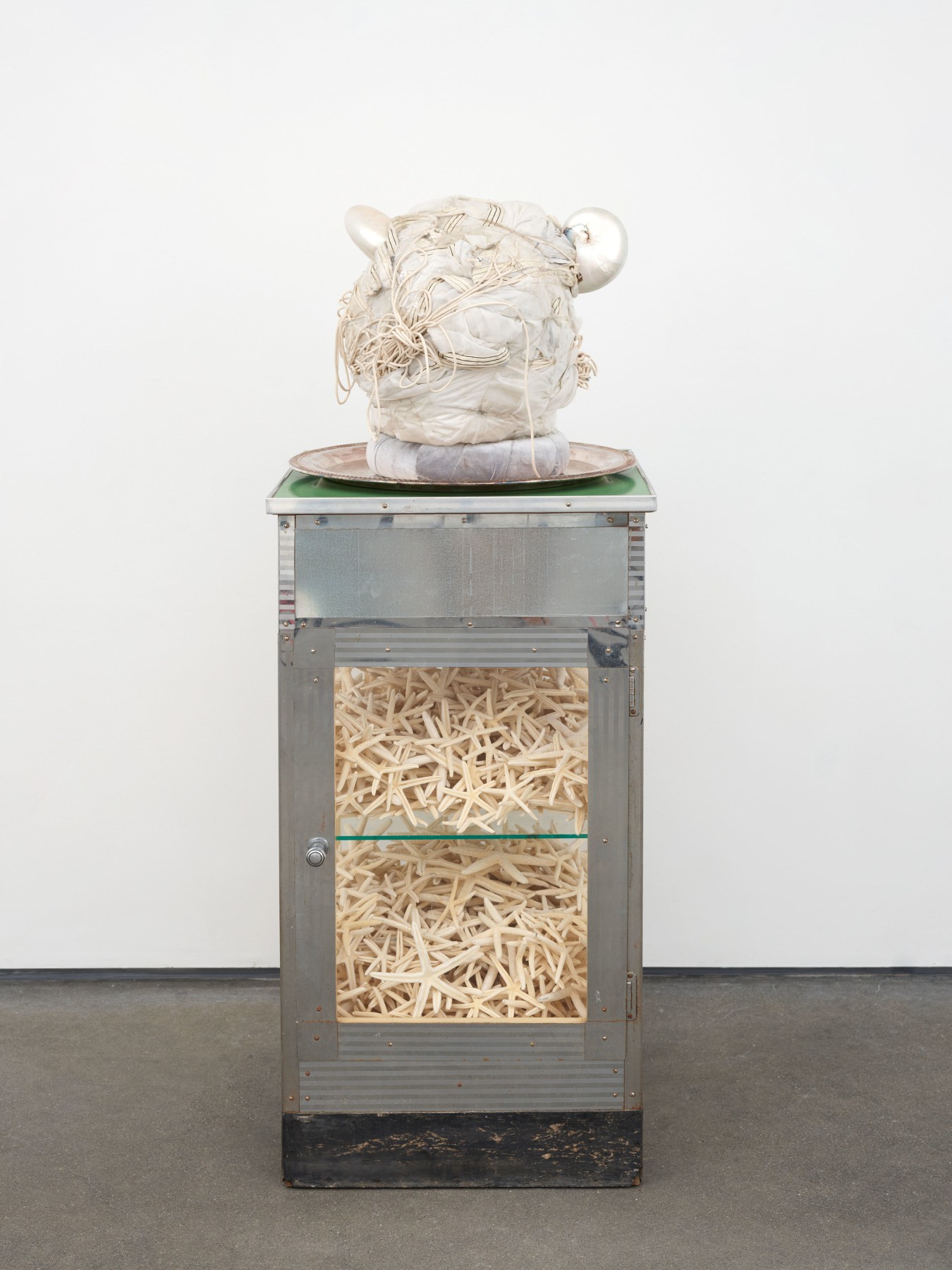 Terry Adkins
Prophet, 2010
Nautilus shells, silk parachute, rope, tape, plaster memory jug, silver tray, cabinet, and starfish
overall: 58 x 19 x 19 in. (147.3 x 48.3 x 48.3 cm)