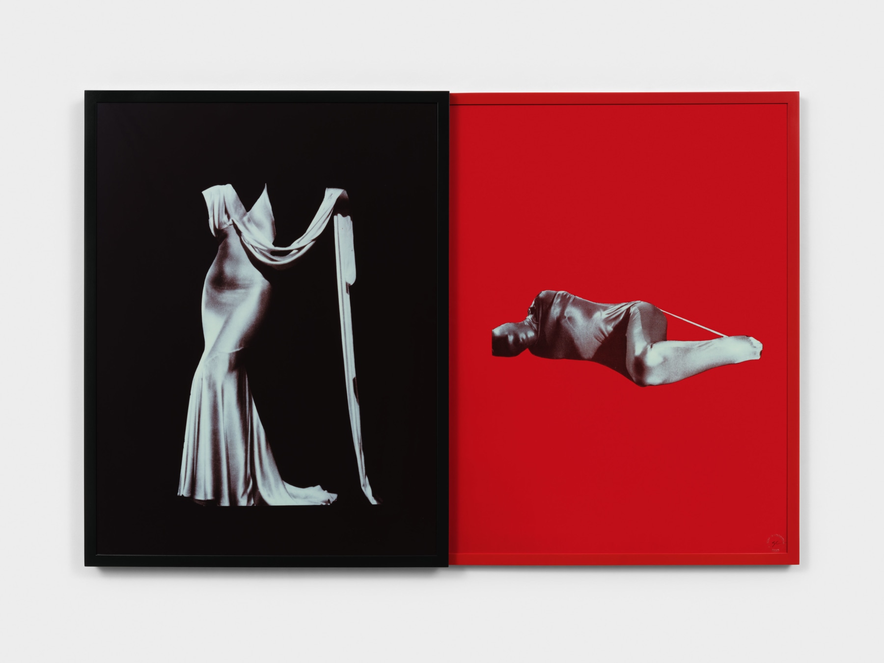 Sarah Charlesworth
Figures, 1983
cibachrome prints with lacquered wood frame
diptych: 42 x 63 in. (106.7 x 160 cm)
AP 2, Edition of 3, 3 APs

signed (SC), blind-stamped using the artist&amp;rsquo;s embossing seal on the lower right corner of the print, with an estate label on the verso side