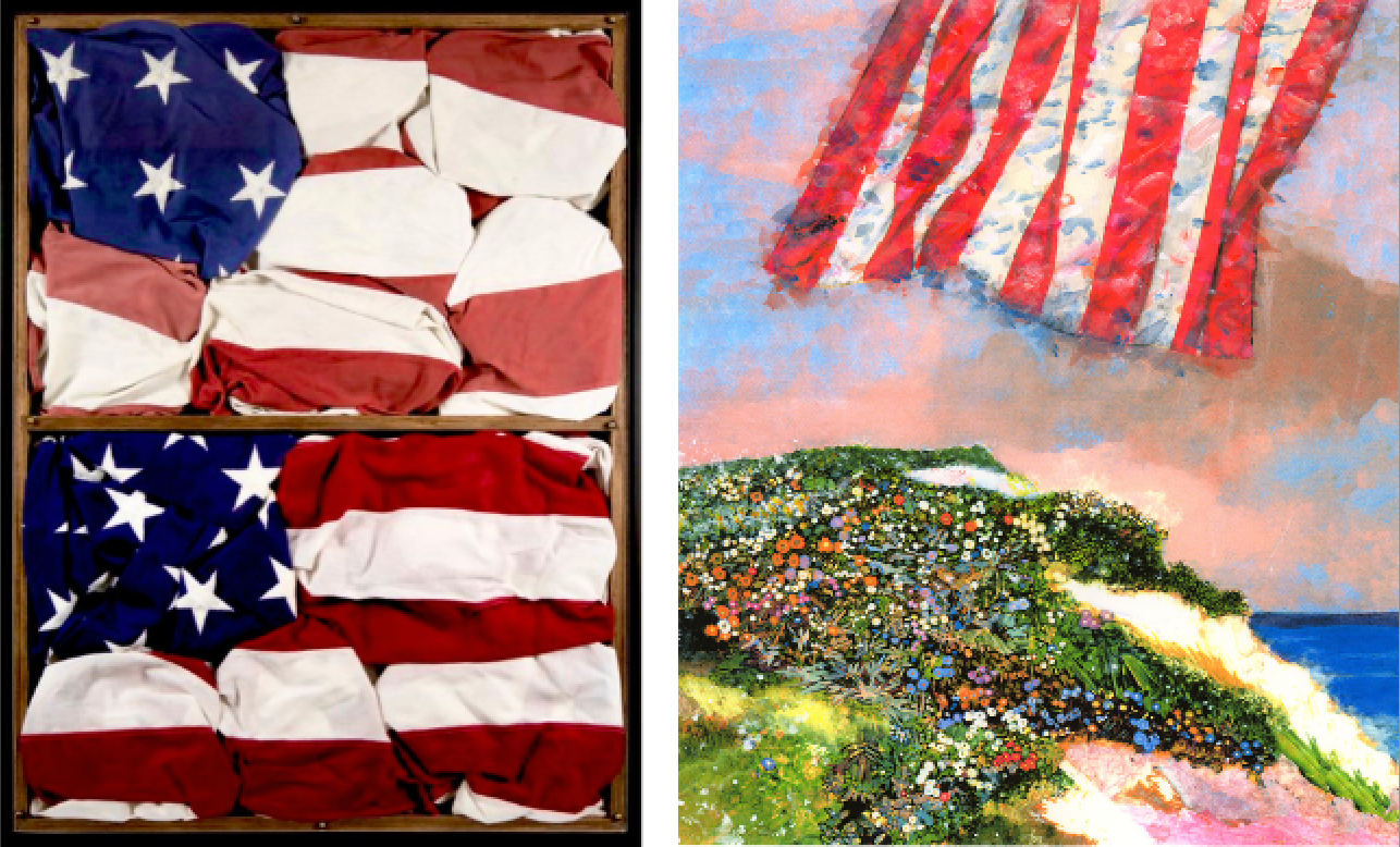 Left: Bernie Taupin (B. 1950),&amp;nbsp;New Morning, 2023,

Historic American flags on Canvas-Bundled, 40 x 30 inches

Right:&amp;nbsp;Morton Kaish (B. 1927),&amp;nbsp;Flag 1, 2023,

Archival Pigment Print on Arches Aquarelle, 14.5 x 13 inches