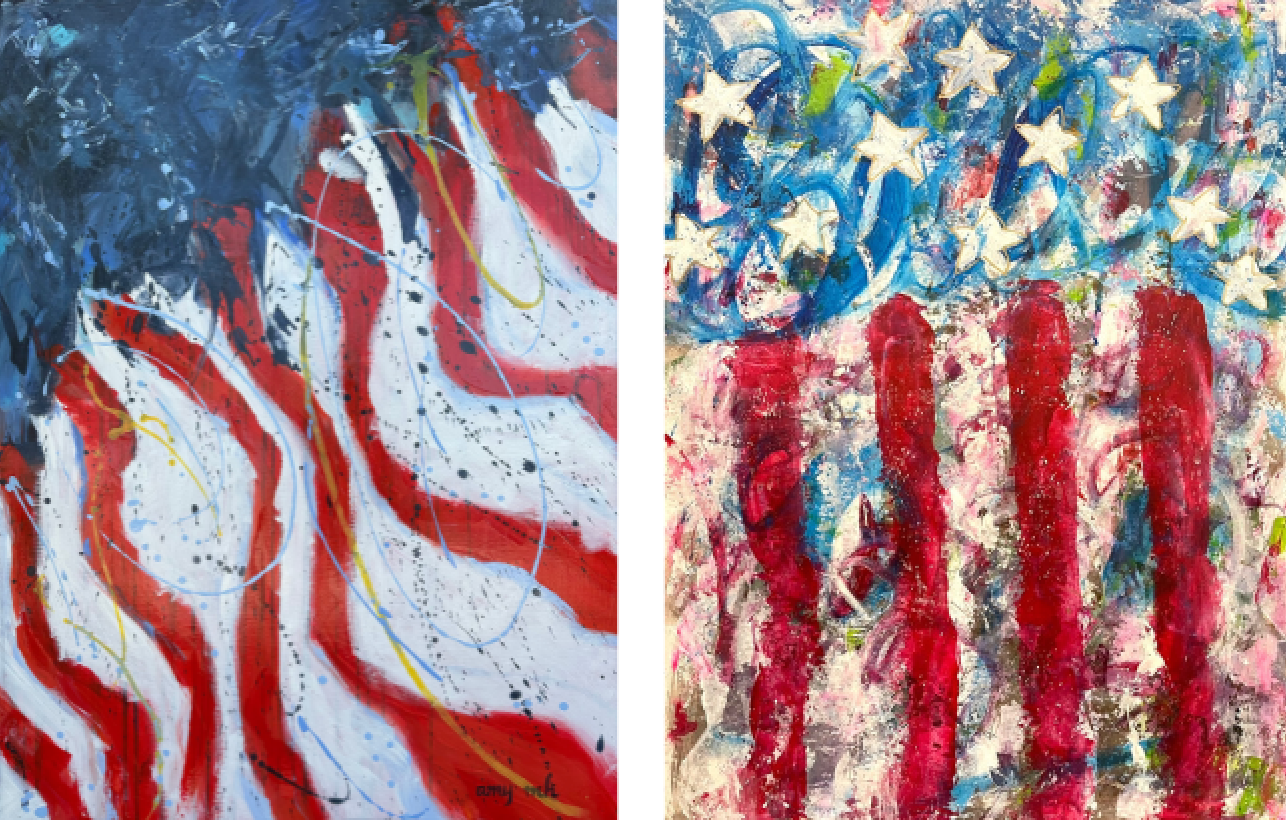 Left: Amy Moglia Heuerman,&amp;nbsp;Grace + Glory, 2023,

Acrylic on Canvas, 40 x 30 inches

Right:&amp;nbsp;Lisa Mamounas,&amp;nbsp;Dancing with the Stars, 2023,

Acrylic on Paper, 24 x 18 inches