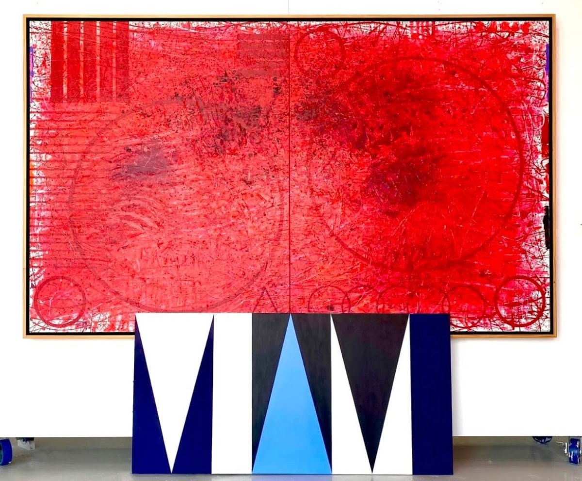 J. Steven Manolis, REDWORLD Concentric 2019, 72”H X 120”W, Acrylic on canvas $125,000 Frontwork, Ron Burkhardt, Miami Blues 2020, 36”H X 72”W; Acrylic in canvas $55,000