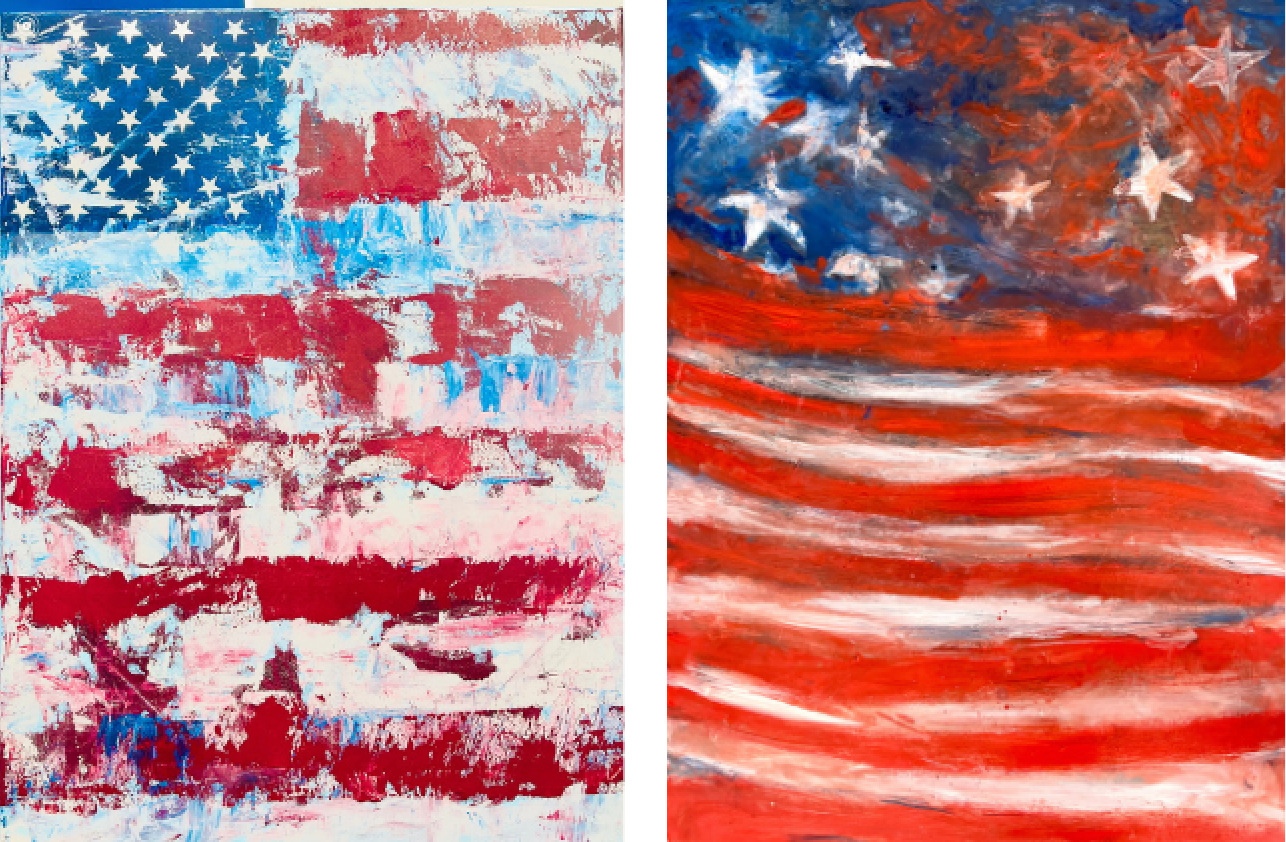 Left: Camilla Webster,&amp;nbsp;Stars &amp;amp; Stripes, 2023,

Acrylic on Canvas, 40 x 30 inches &amp;nbsp; &amp;nbsp; &amp;nbsp; &amp;nbsp; &amp;nbsp;

Right: Ursula Schwartz,&amp;nbsp;Be Free, 2023,

Oil on Canvas, 40 x 30 inches