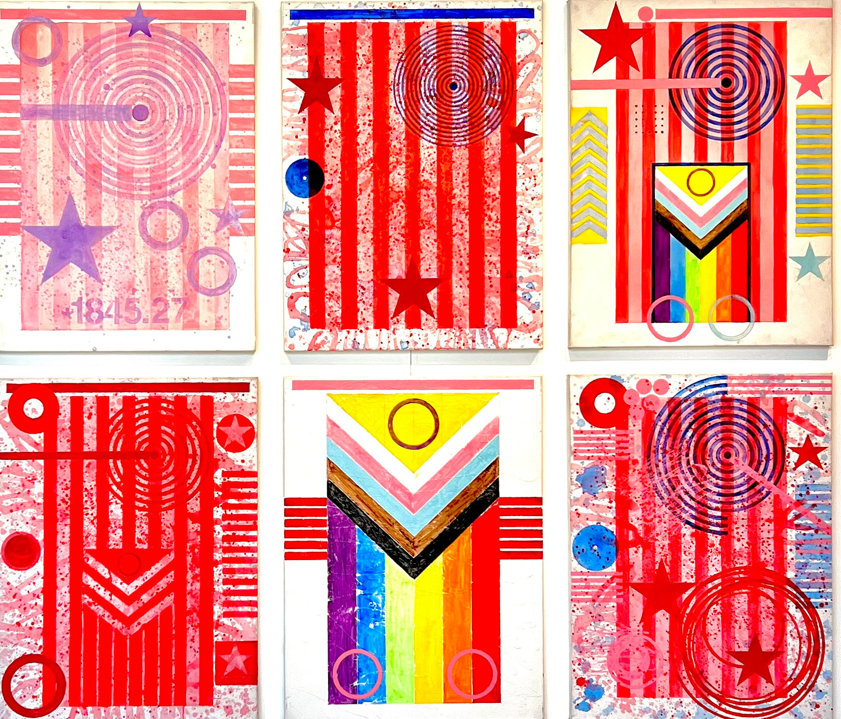 J. Steven Manolis (1948),&amp;nbsp;American Flag (Sextet), 2023, 88 x 120 inches. Top left to right:&amp;nbsp;The Pastel Paradise, Florida American Flag, 2023,&amp;nbsp;The Steady State American Flag, 2023,&amp;nbsp;The Embracing, Loving, and All-Inclusive American Flag, 2023,&amp;nbsp;The REDWORLD Flag, 2023,&amp;nbsp;The LGBTQ1A+ American Flag, 2023,&amp;nbsp;The Off-Kilter Unbalanced American Flag, 2023, Each Work: Acrylic on canvas, 40 x 30 inches