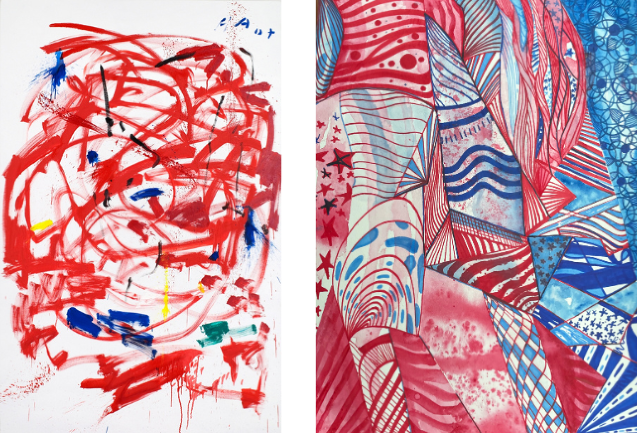 Left: Alejandro Avakian,&amp;nbsp;Red, 2022, Oil on canvas, 51 x 79 inches

Right: Timi Ogundipe,&amp;nbsp;American Acid Flag, 2023,

Acrylic on Paper, 60 x 12 inches,