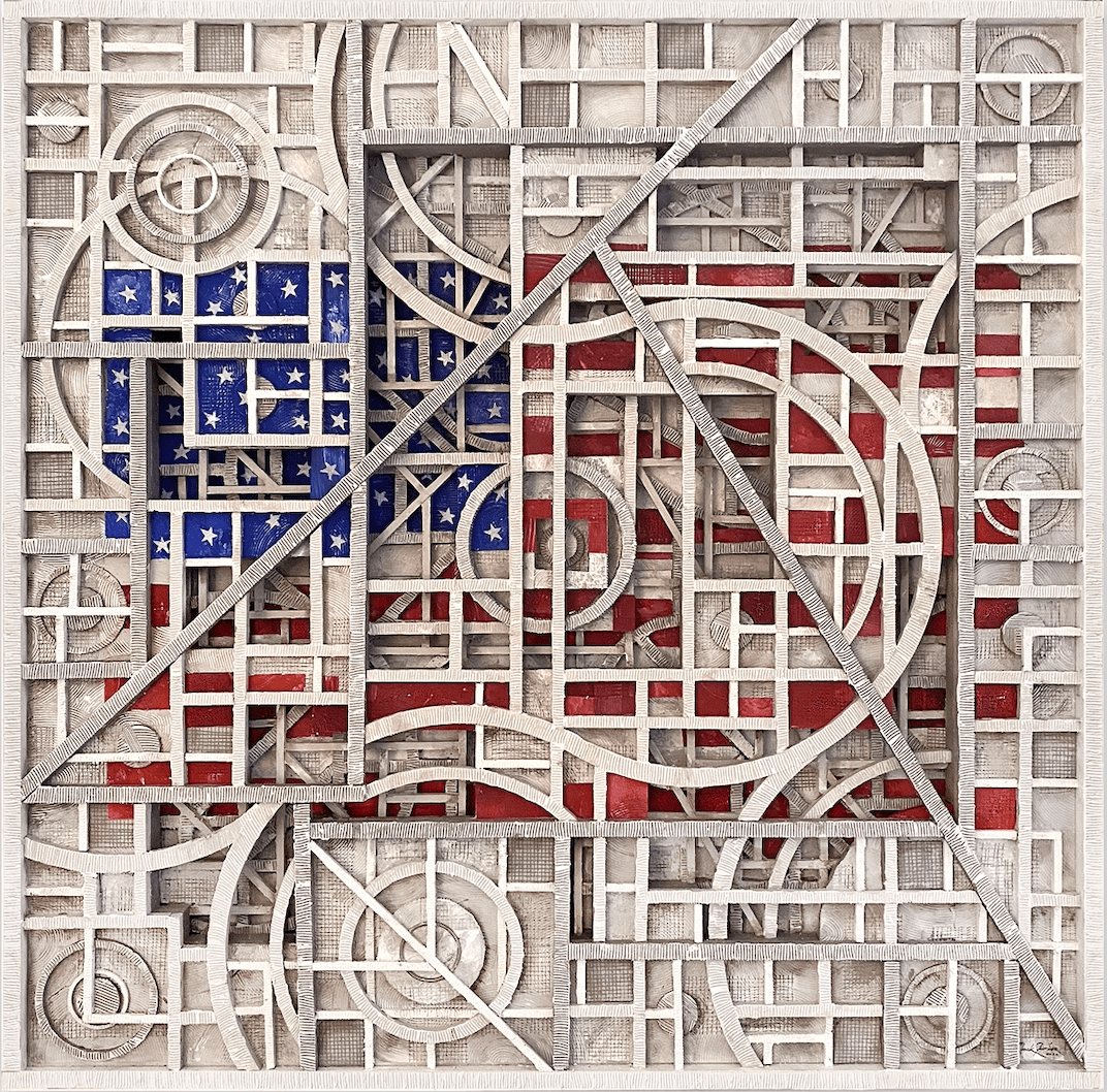 Chuck Fischer,&amp;nbsp;Star Spangled, 2023,

Aluminum, wood, acrylic, modeling paste &amp;amp; gesso on canvas, 36 x 36 inches