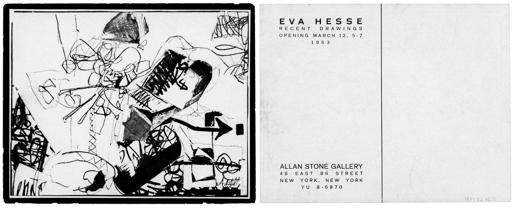 Exhibition announcement for Eva Hesse: Recent Drawings
at the Allan Stone Gallery, March 12, 1963
4 3/4 &amp;times; 6 1/4 inches (12 &amp;times; 17 cm)
Allen Memorial Art Museum;
Gift of Helen Hesse Charash, 1977.52.65.13
Photos courtesy Allen Memorial Art Museum.