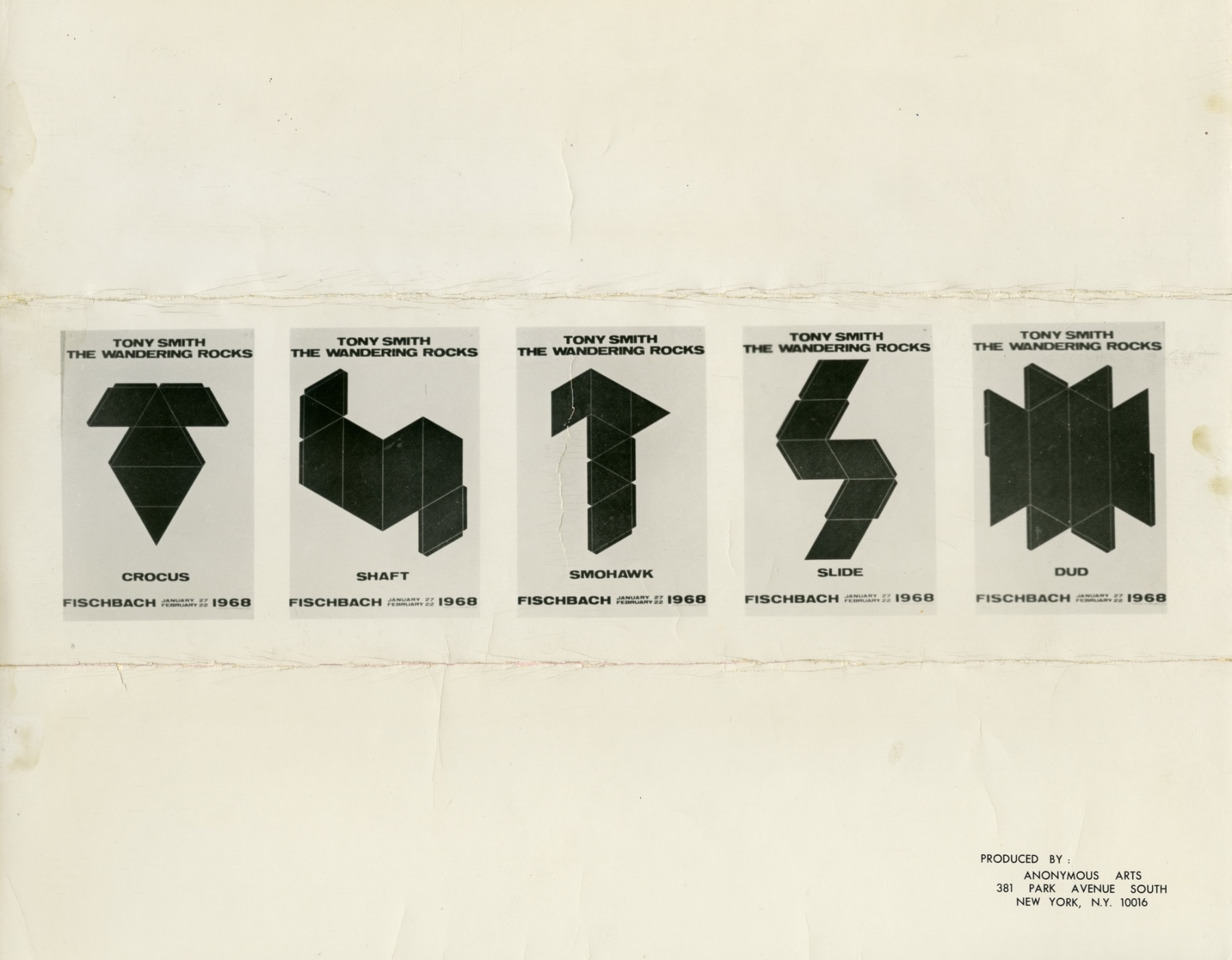 Poster (1968).&amp;nbsp;Accompanying&amp;nbsp;Tony Smith: The Wandering Rocks&amp;nbsp;(1968)
Designed by Tony Smith
Fischbach Gallery, New York