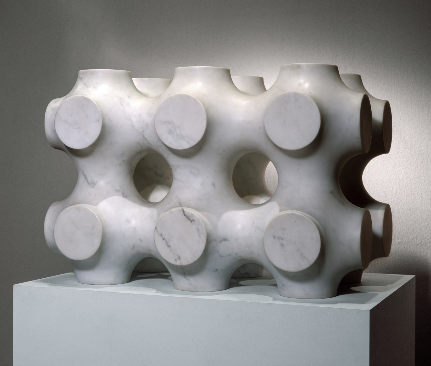 Carrara marble, unique
28 in. &amp;times; 3 ft. 6 in. &amp;times; 28 in. (71.1 &amp;times; 106.7 &amp;times; 71.1 cm)
Center Tower Associates, Costa Mesa, CA