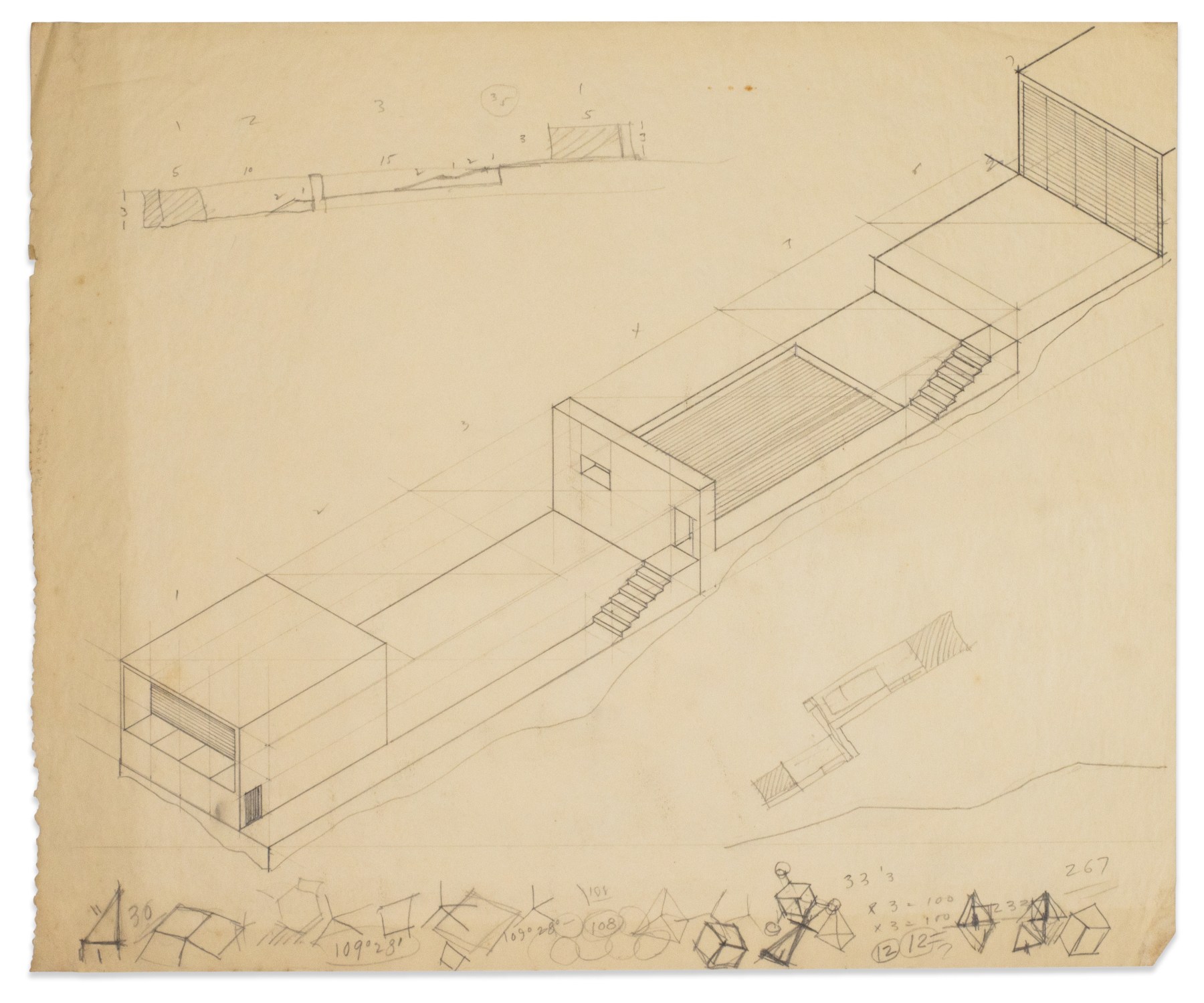 Dr. Leonard Siegel House, Long Island, New York, 1959&amp;ndash;61
Two schemes exist for this unbuilt house design.
Axonometric, graphite on paper, 13 7/8 &amp;times; 16 3/4 in. (35.2 &amp;times; 42.5 cm)