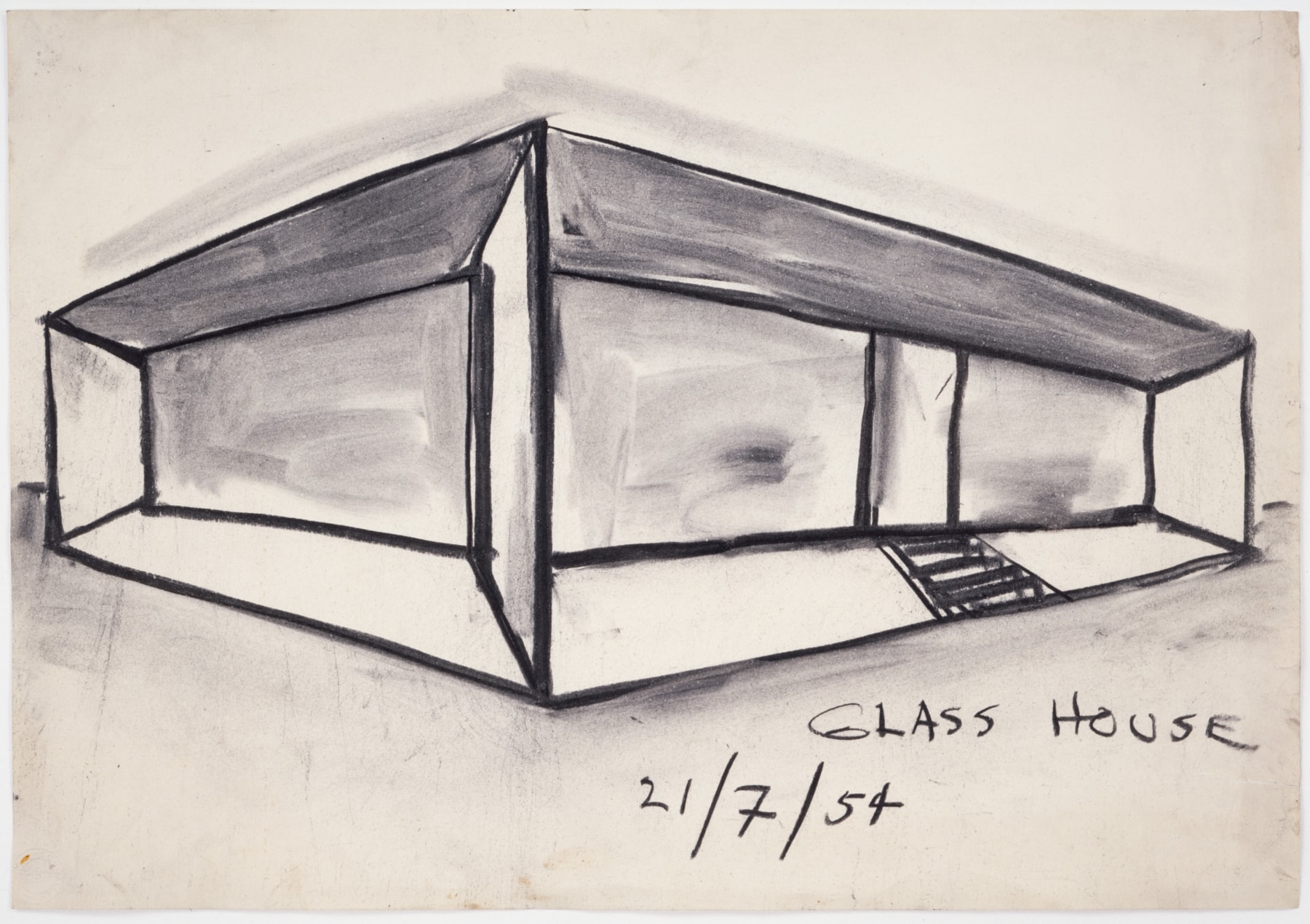 Glass House, 1954
In his plan for a glass house, Smith incorporates a prismatic faceting within an otherwise rigid steel framing system, transforming the strict formal geometries.
Perspective, charcoal on paper, 12 1/8 &amp;times; 17 3/8 in. (30.8 &amp;times; 44.1 cm)