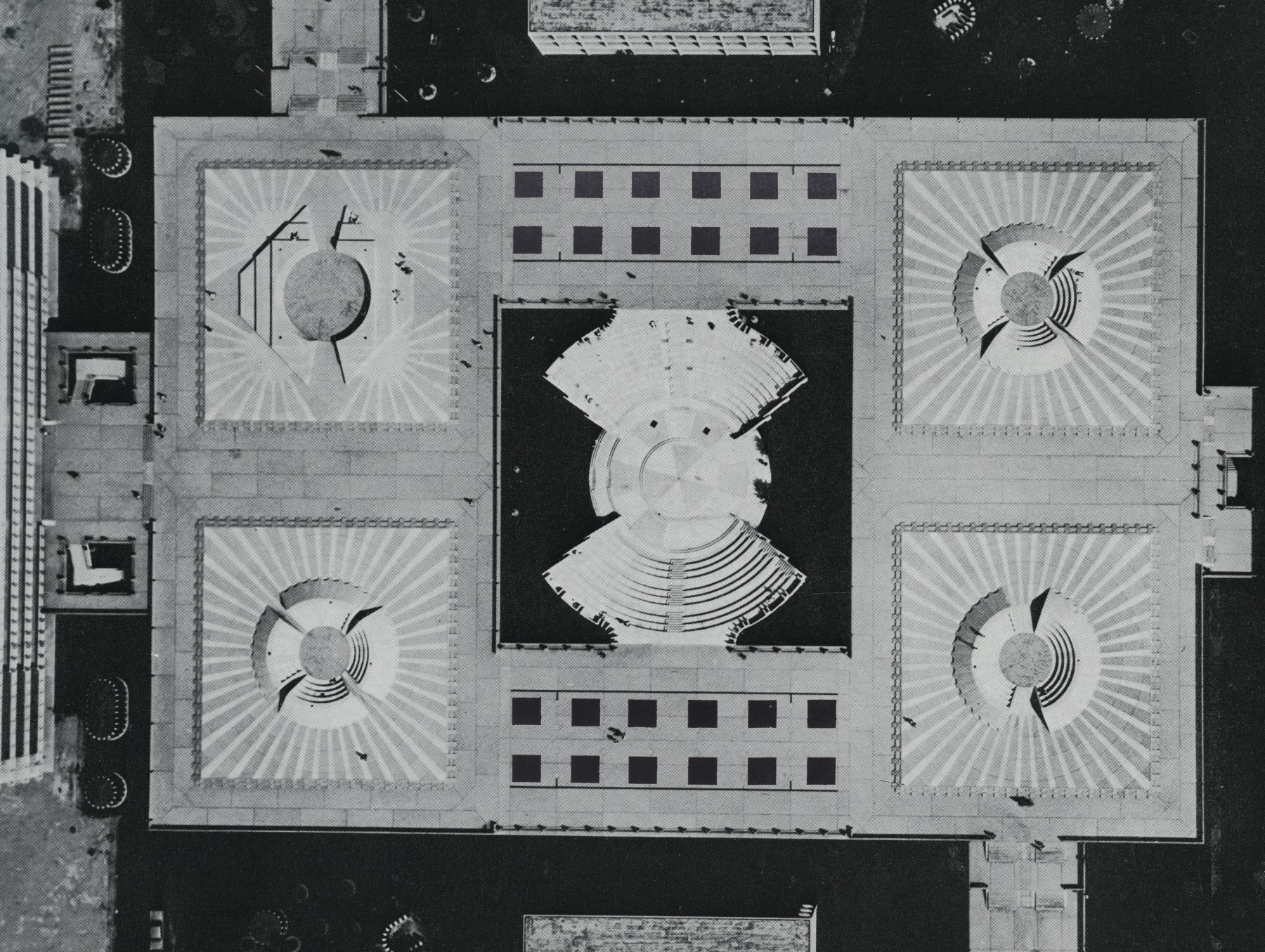 Aerial view of University of Illinois, Chicago Circle Campus Forum, showing position of Lunar Ammo Dump (site-specific)